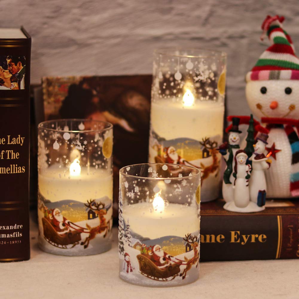 Dromance Santa Claus Glass Flameless Candles Battery Operated Remote And Timer Real Wax Led Flickering Pillar Candles White Cold