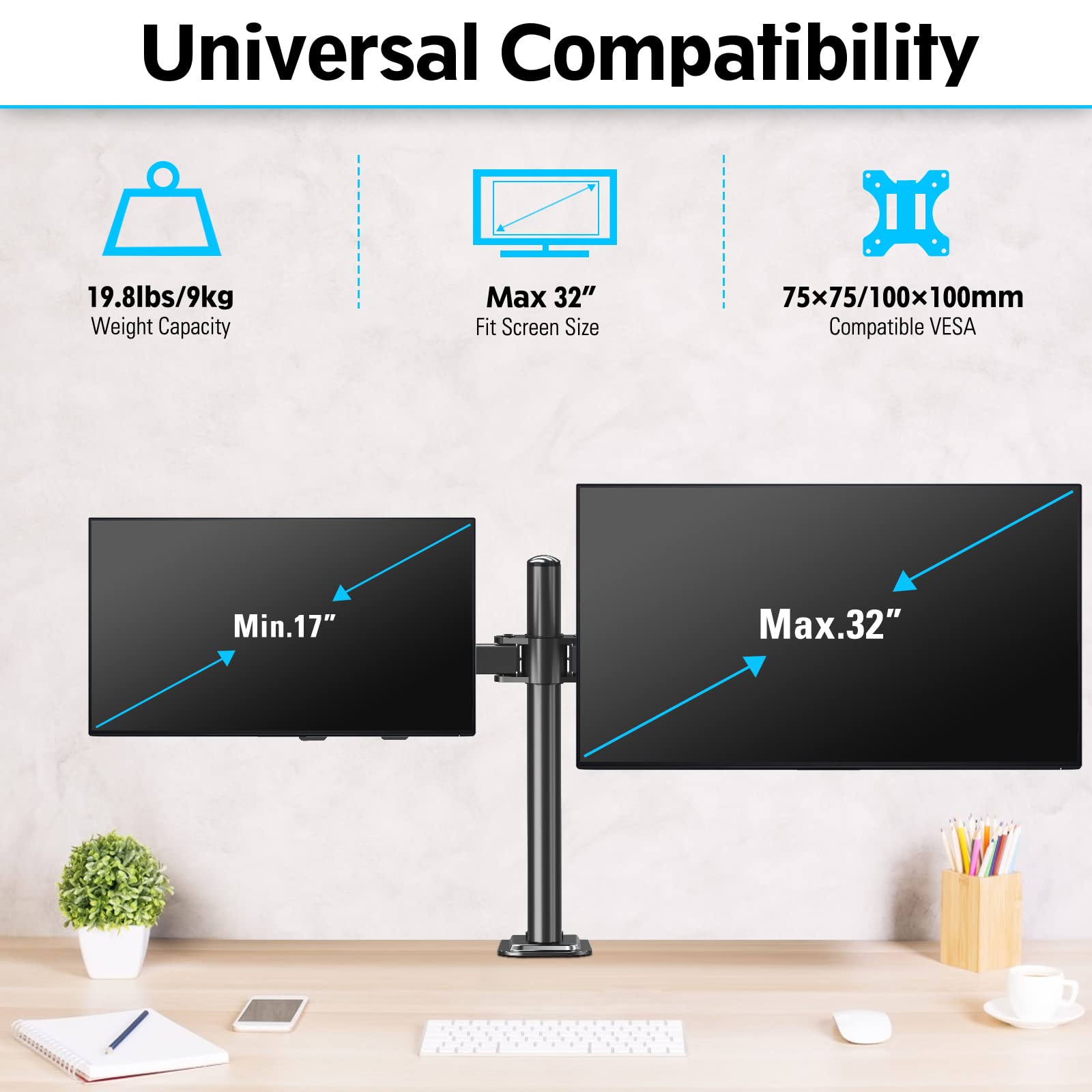 Mountup Dual Monitor Desk Mount, Fully Adjustable Dual Monitor Arm For 2 Lcd Screens, Max 32 Inch Up To 19.8Lbs, Dual Monitor St