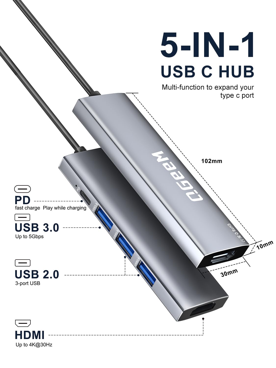 Qgeem Usb C Hub 5 In 1 Multi-Port Digital Av Adapter 4K Hdmi, 100W Power Delivery, 3 Usb-A Data Ports, Usb C Dongle For Macbook