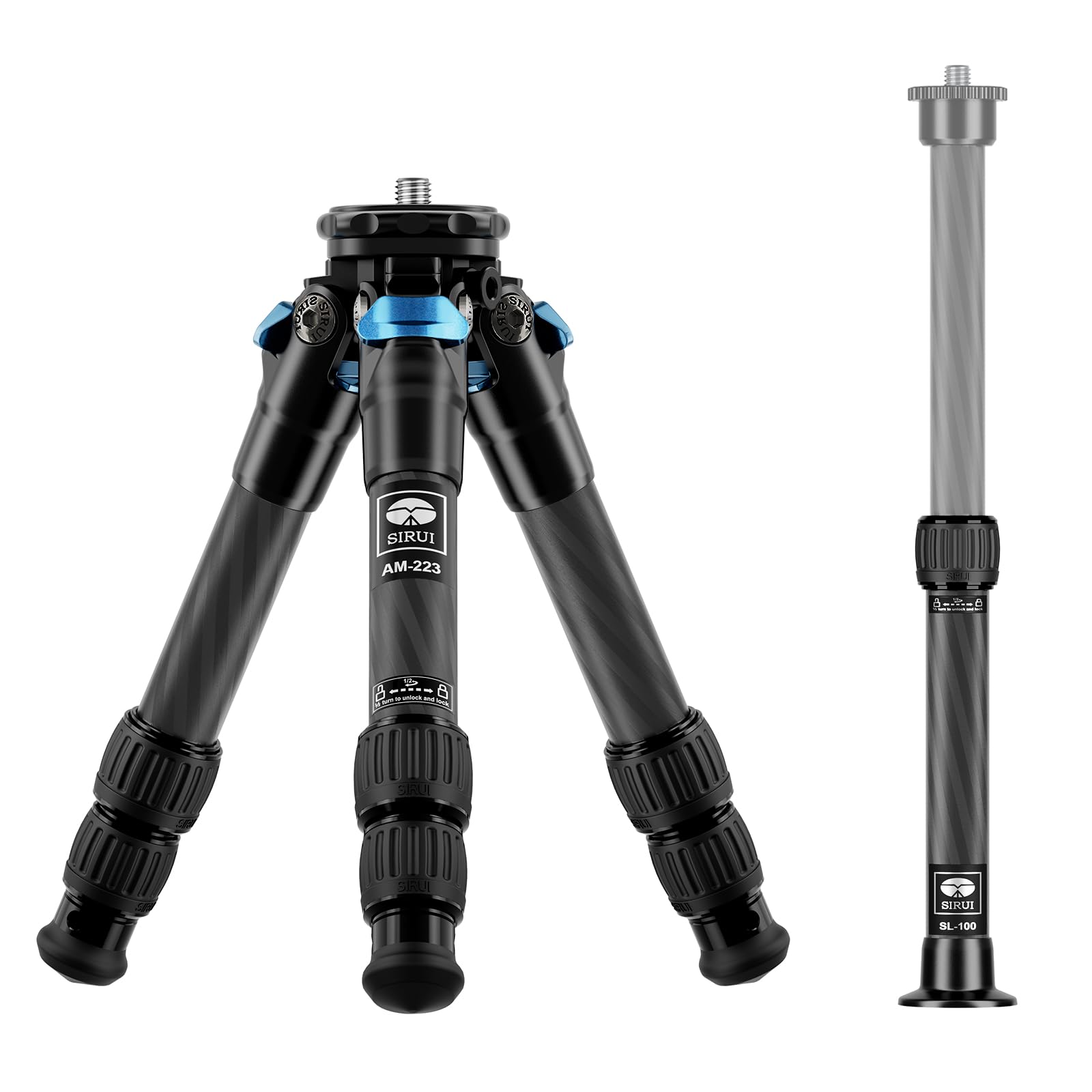 Sirui Lightweight Carbon Fiber Mini Travel Tripod With Two Section Center Column, Max Height 26', Supports 33Lbs (Am 223+Sl 100)