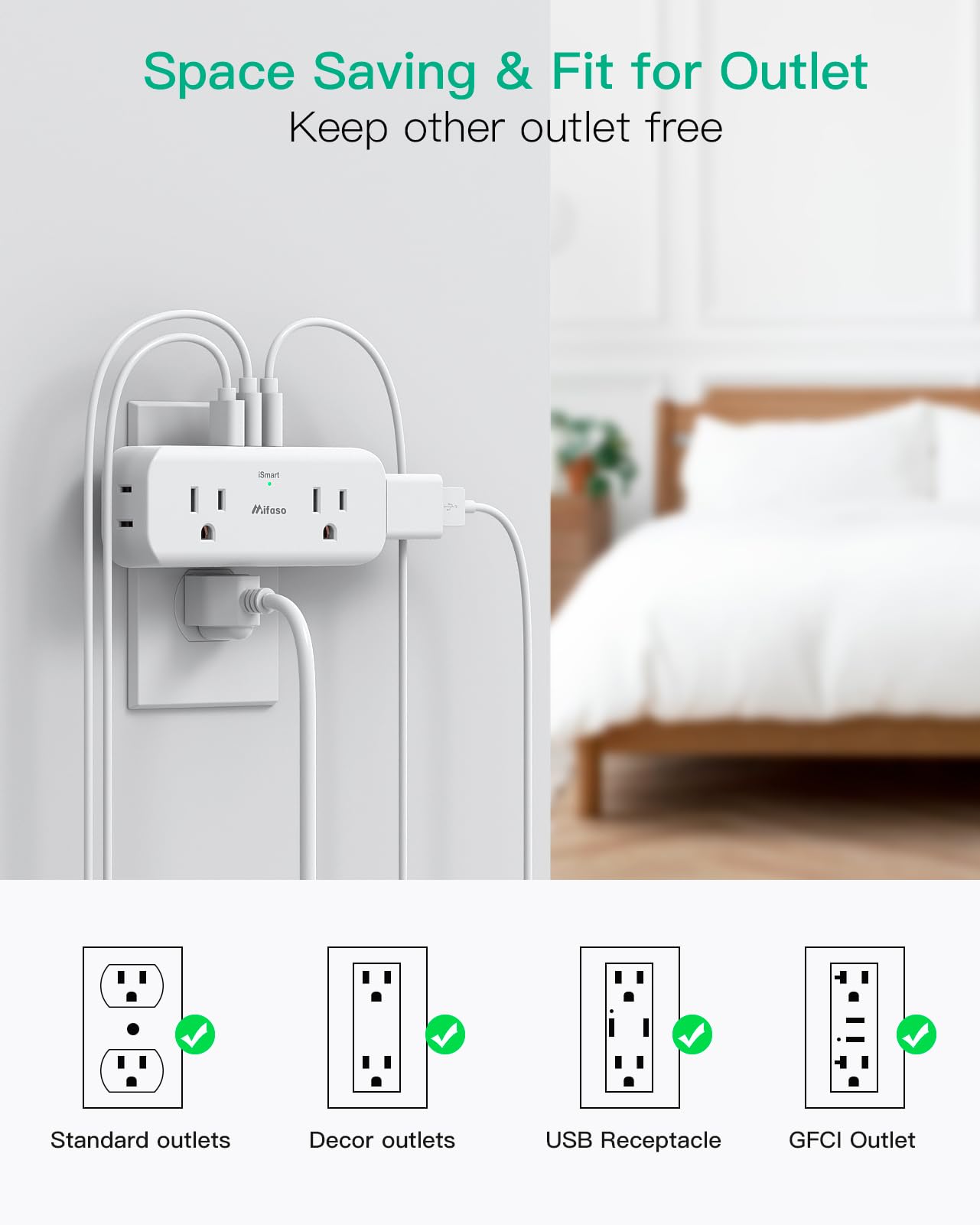 Outlet Extender, 4 Outlet Extension With 1 Usb A 2 Usb C Wall Charger, Multi Plug Outlet Splitter, Electric Wall Outet Expander