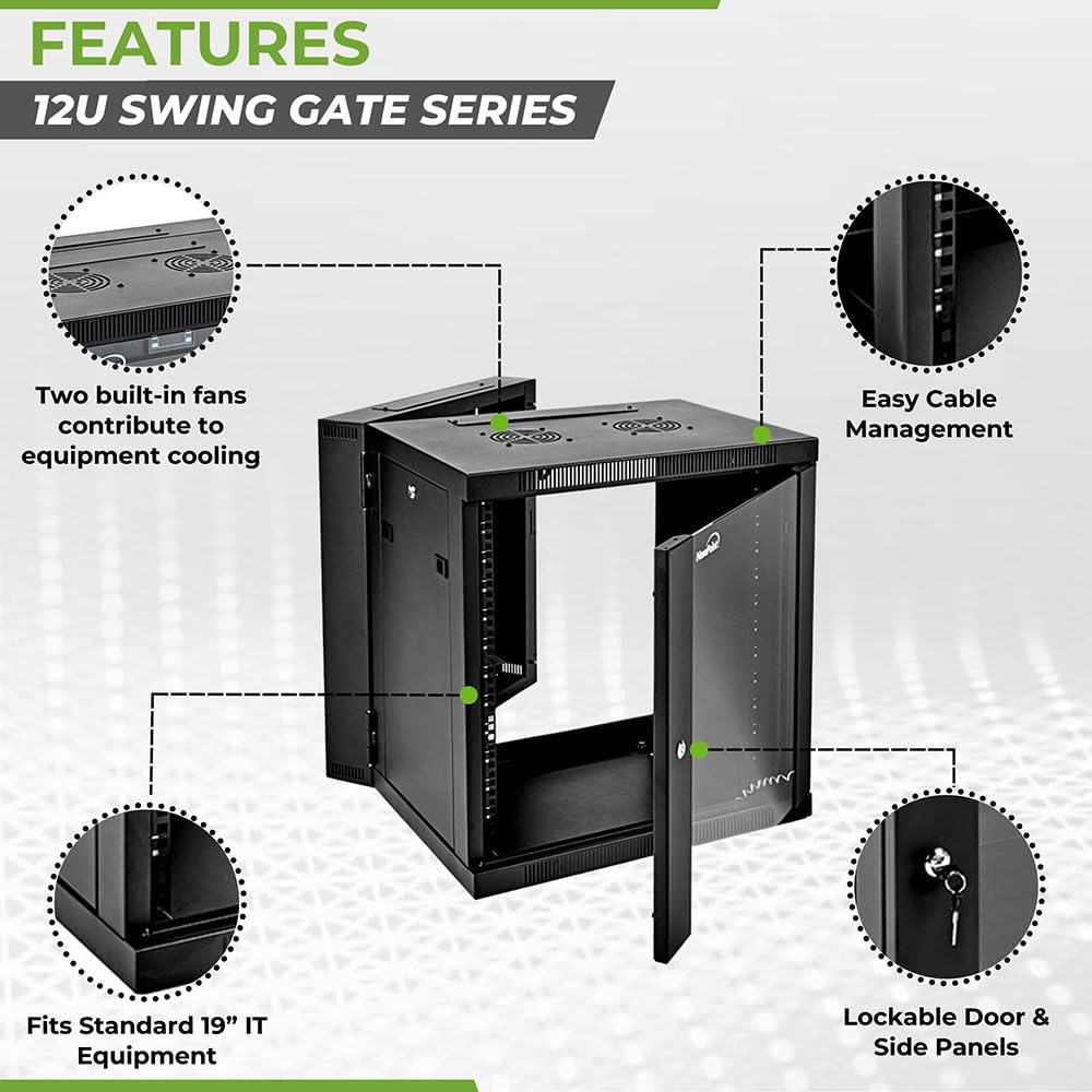 Navepoint 12U Server Cabinet With Hinged Back   21.6    Deep, 12U Server Rack Enclosure With Locking Glass Door, Wall Mount Rack