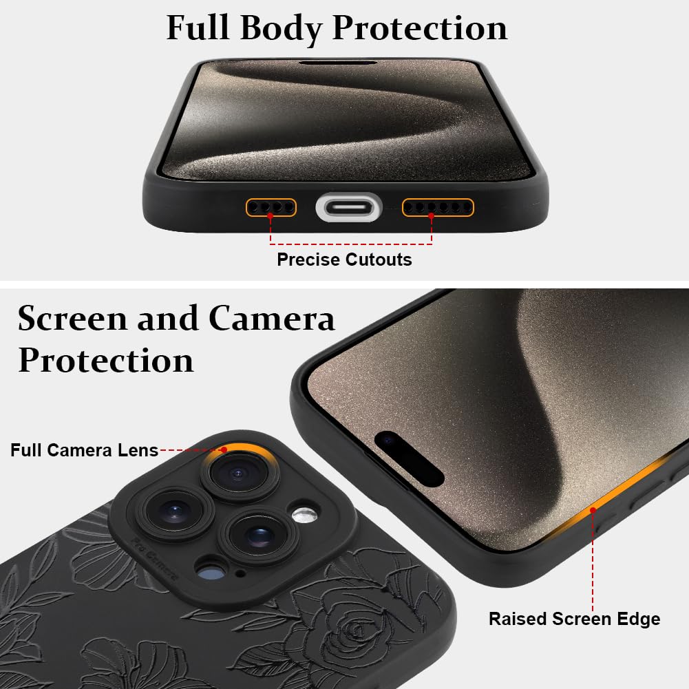 Lsl Case For Iphone 15 Pro Max Black Floral Flower Pattern Print Case Soft Tpu Full Camera Lens Anti Drop Anti Scratch Shockproo