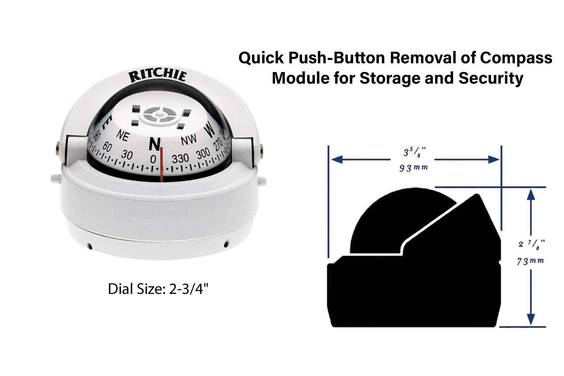 Ritchie Navigation Compass, Surface Mount, 2.75'' Dial, Wht.