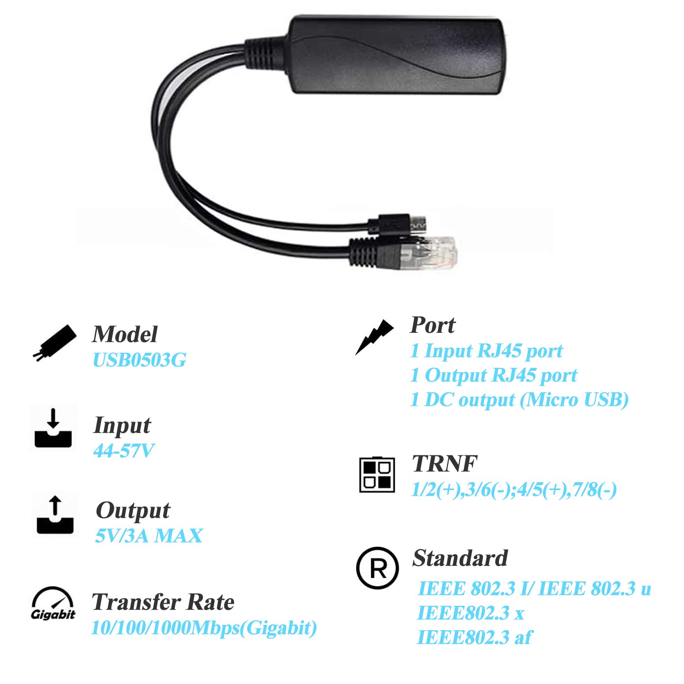 Revodata Gigabit Micro Usb Poe Splitter 5V/3A, 48V Poe To Micro Usb 5V/3A Output, 10/100/1000Mbps Active Ieee802.3Af/At, Poe Ada