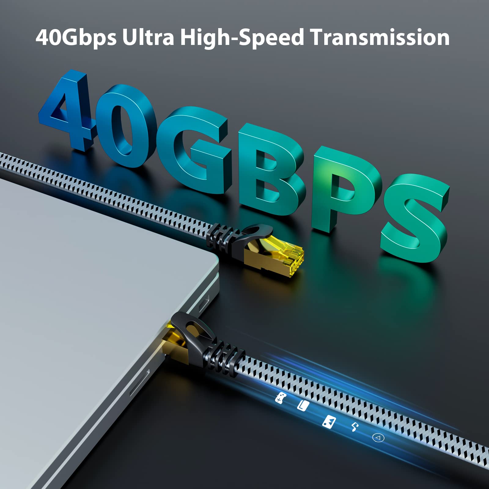 Ariskeen Cat 8 Ethernet Cable 175 Ft, 40Gbps 2000Mhz High Speed Cat8 Network Lan Patch Cord, Nylon Braided Heavy Duty Shielded R