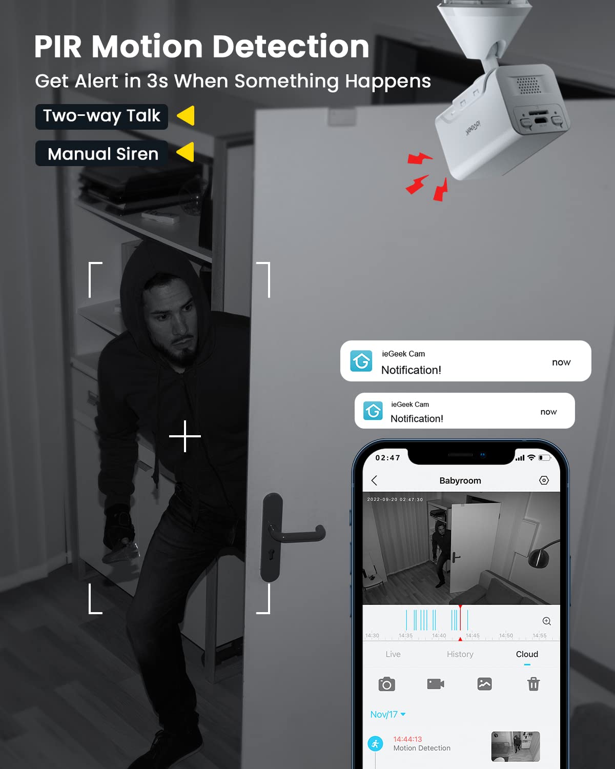 Iegeek Wireless Indoor Cameras For Home Security, Mini Battery Wifi Camera Indoor 1080P, 2 Way Audio, Motion Sensor Alarm, Phone