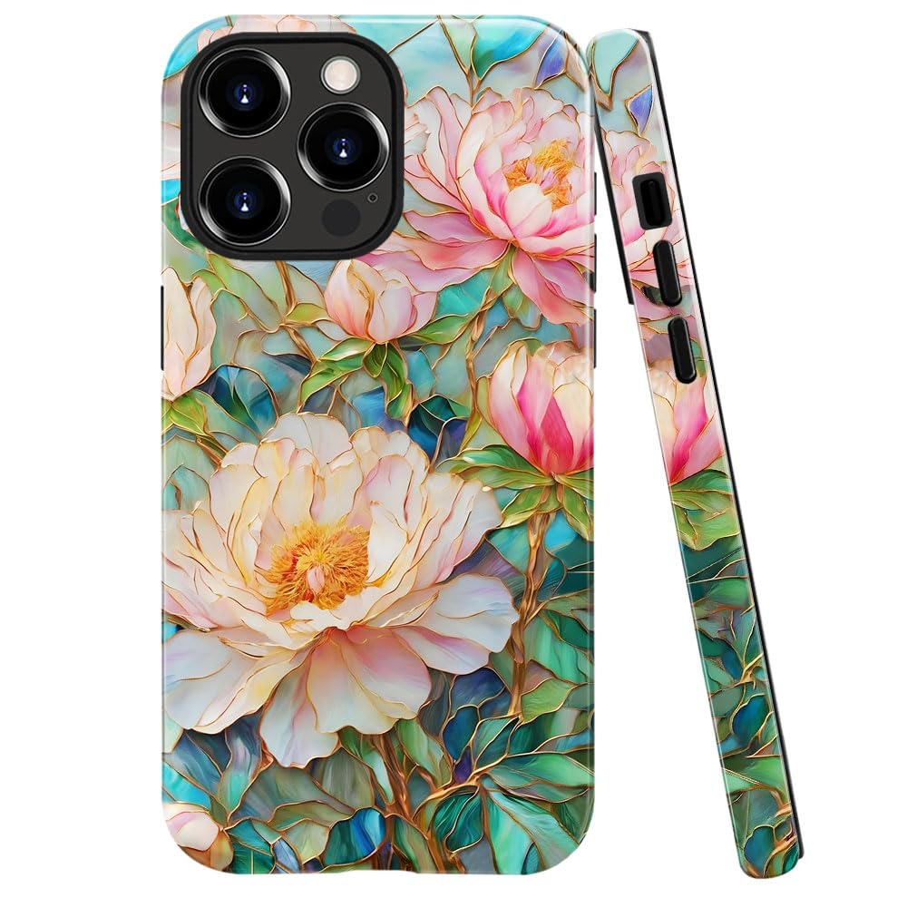 Compatible with iPhone 14 Pro Max,Anti-Scratch Glossy Case Cover,Romantic Peony Stained Glass Floral