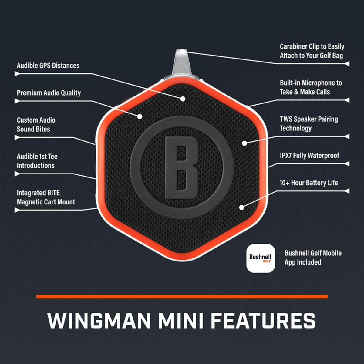 Bushnell Golf Wingman Mini Gps Speaker (Black/Silver) | Magnetic Mount, Music & Audible Distances For 38,000+ Courses, Carabiner