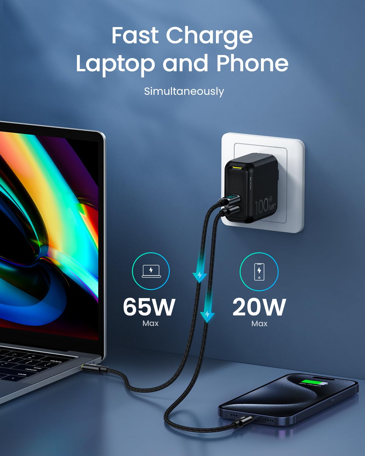 Aohi 100W Usb C Charger Gan+, 2 Port Type C Pd Wall Charger Foldable Power Adapter With 4Ft Usb C To Usb C Led Display Cable For