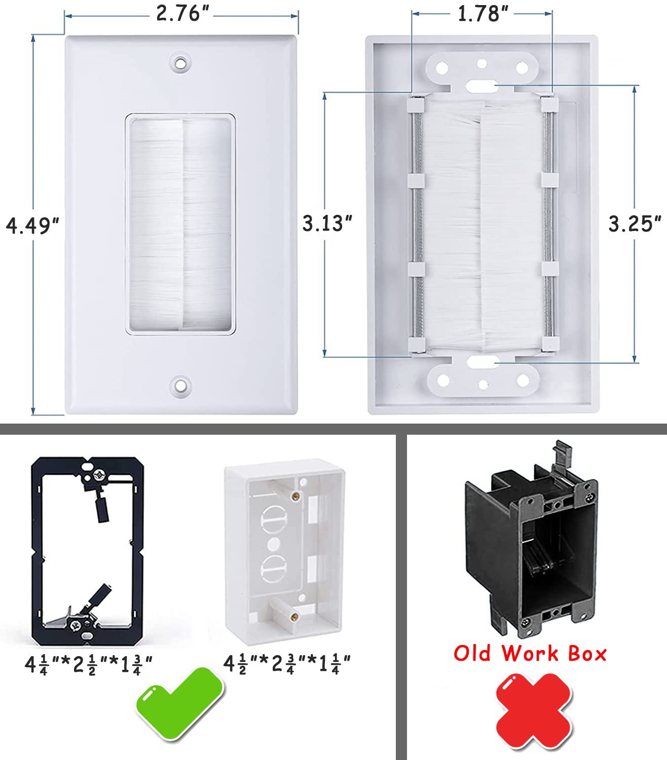 Tedgetal Single Brush Wall Plate 2 Pack,Single Gang Faceplate Cable Pass Through Insert Wall Socket For Hdtv, Hdmi, Network, Coa