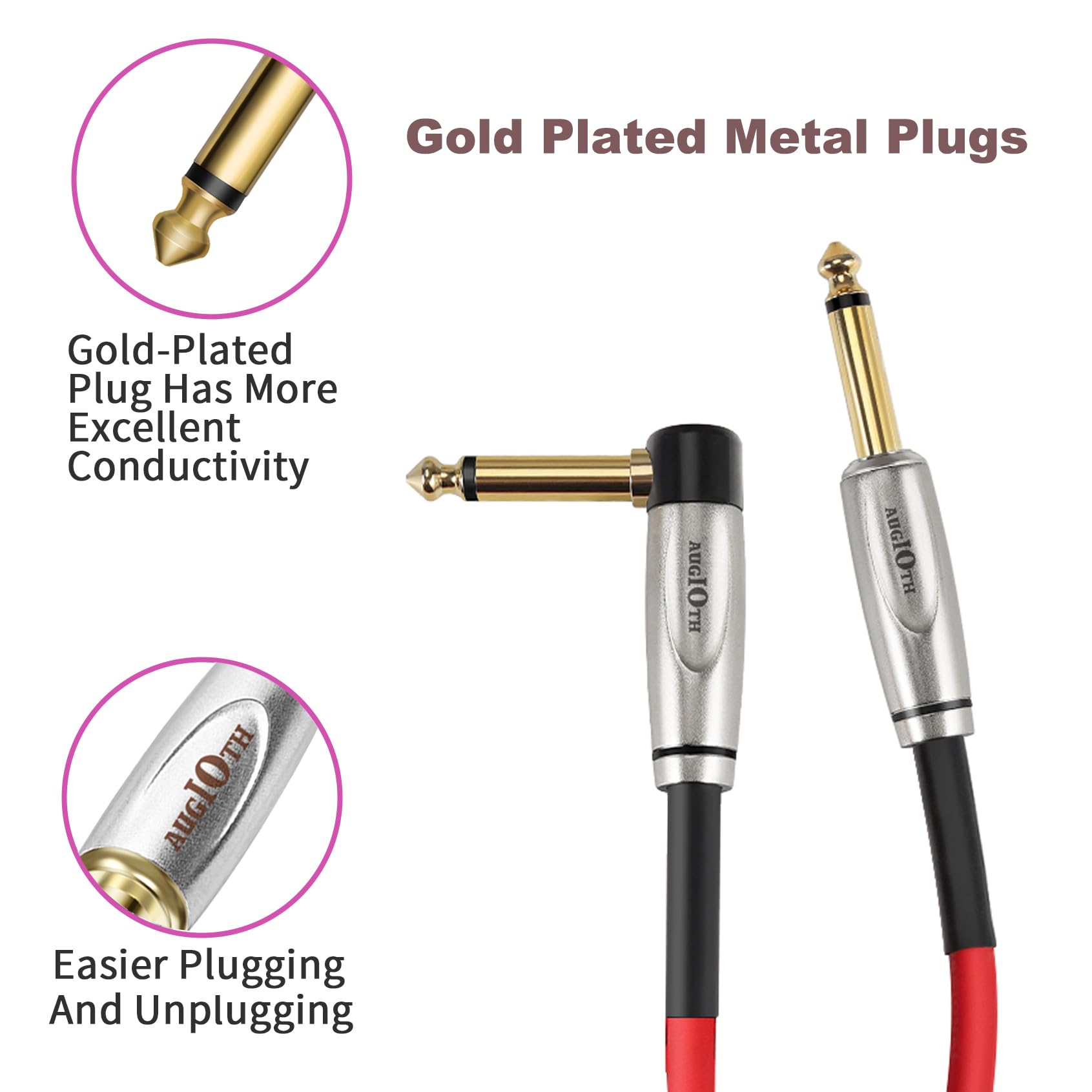 Augioth Curly Guitar Cable 30Ft, Coil Electric Instrument Guitar Bass Cord Amp Lead 1/4 Straight To Angled Red