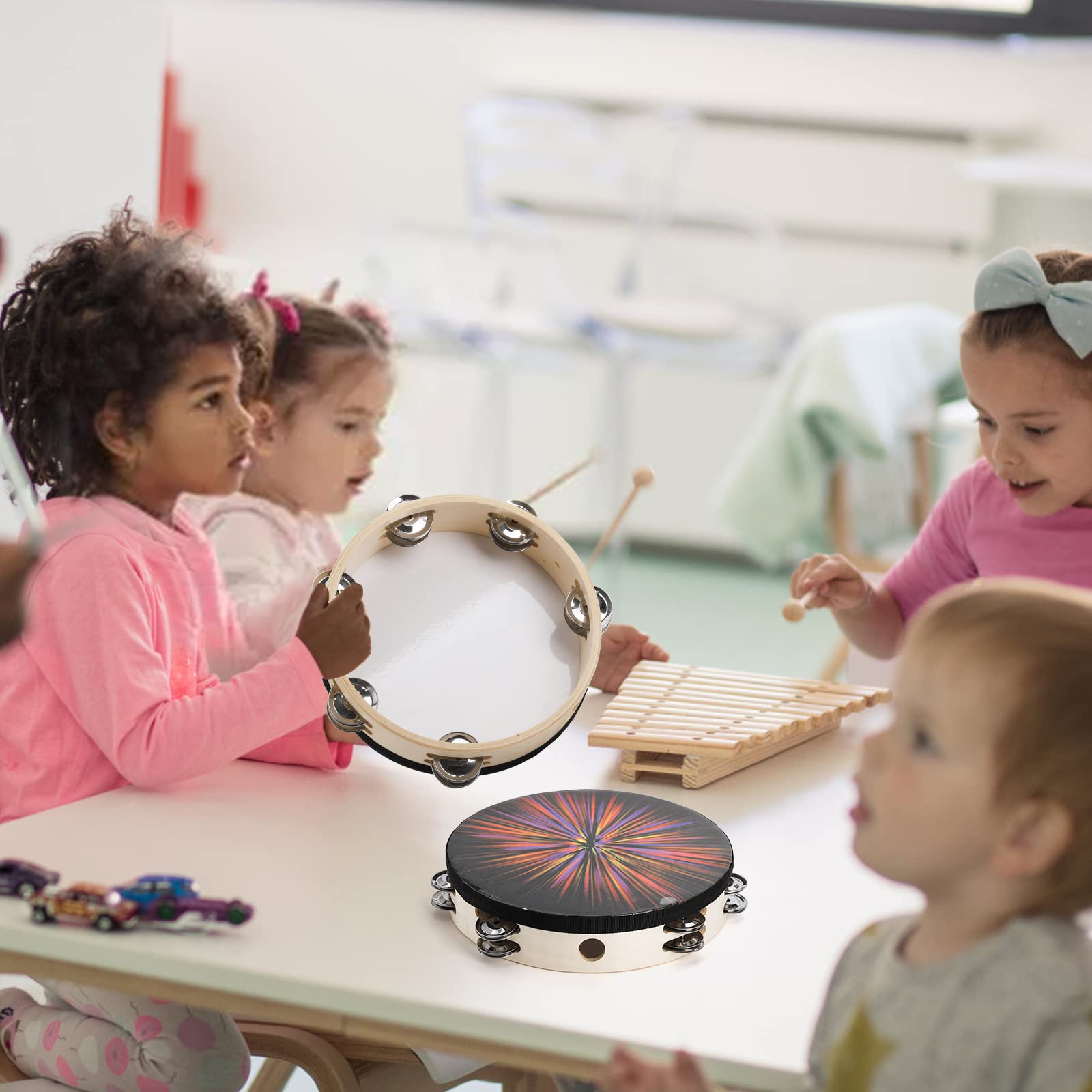 Zeayea 2 Pack Radiant Tambourine, 8 Inch 10 Inch Double Row Jingle Tambourine For Kids Adults Church, Hand Held Drums Percussion