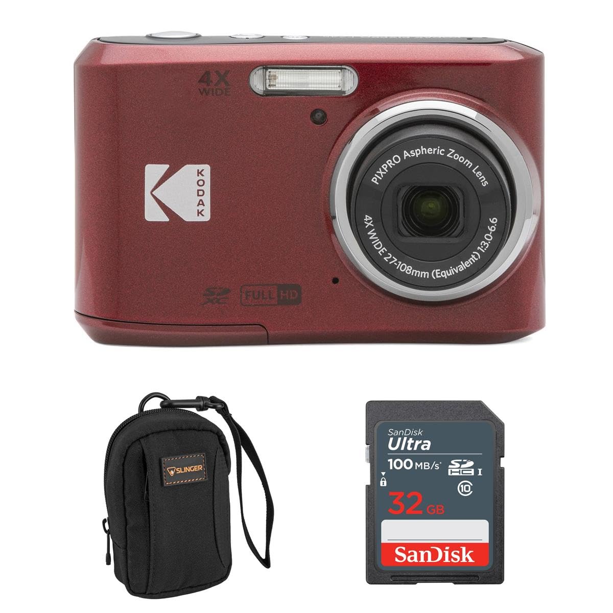 Kodak Pixpro Fz45 Friendly Zoom 16Mp Full Hd Digital Camera, Red, Bundle With 32Gb Memory Card And Camera Bag