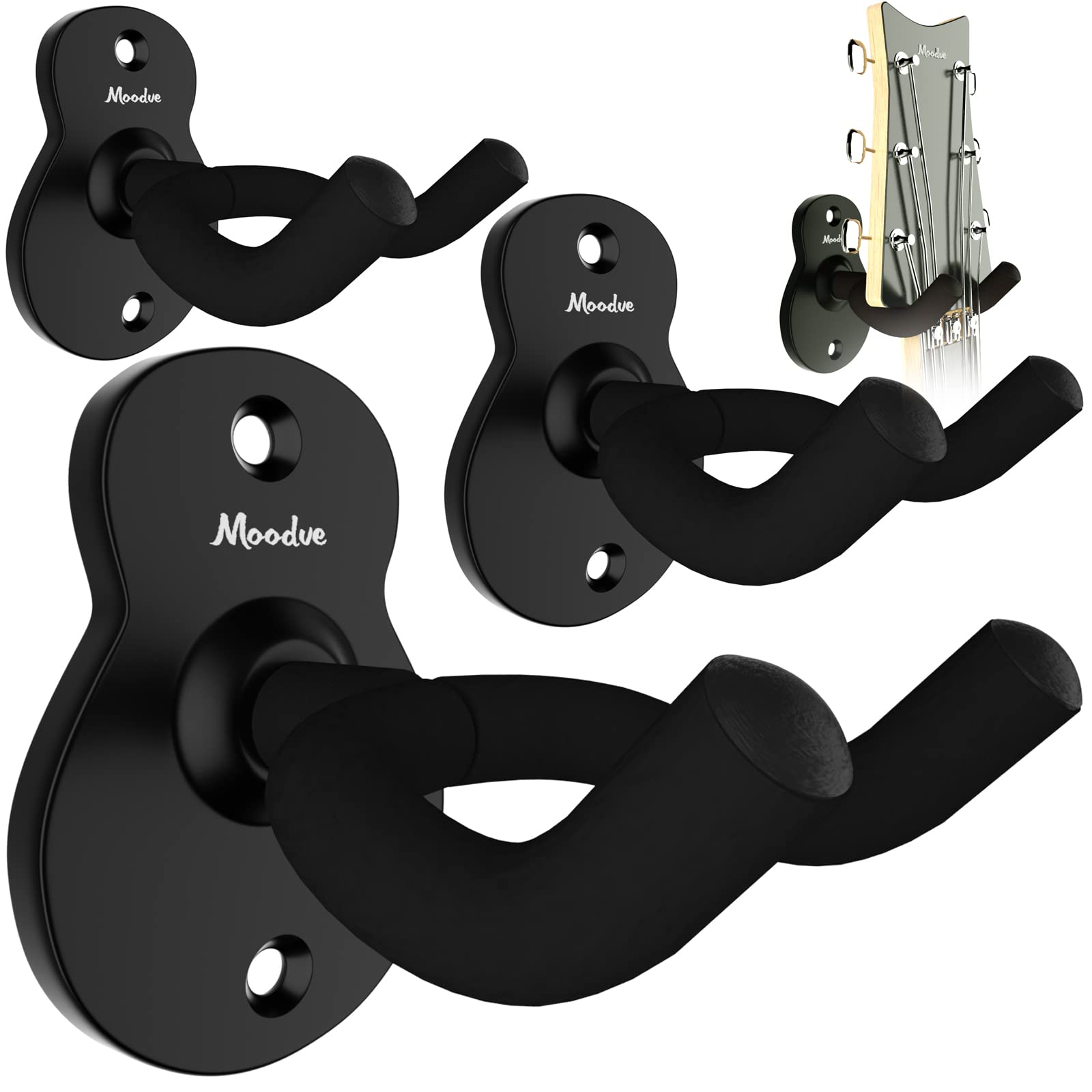 Guitar Wall Mount Hanger 4 Pack, Moodve Metal Guitar Hanger, Guitar Shaped Guitar Wall Hanger, Black Guitar Holder Stand For Bas