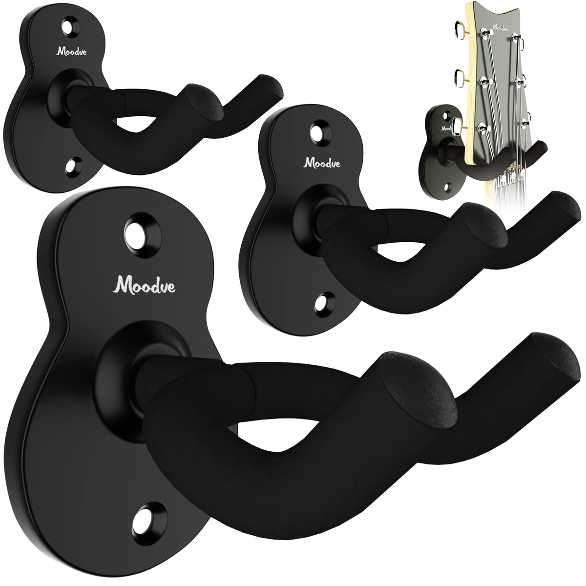 Guitar Wall Mount Hanger 4 Pack, Moodve Metal Guitar Hanger, Guitar Shaped Guitar Wall Hanger, Black Guitar Holder Stand For Bas