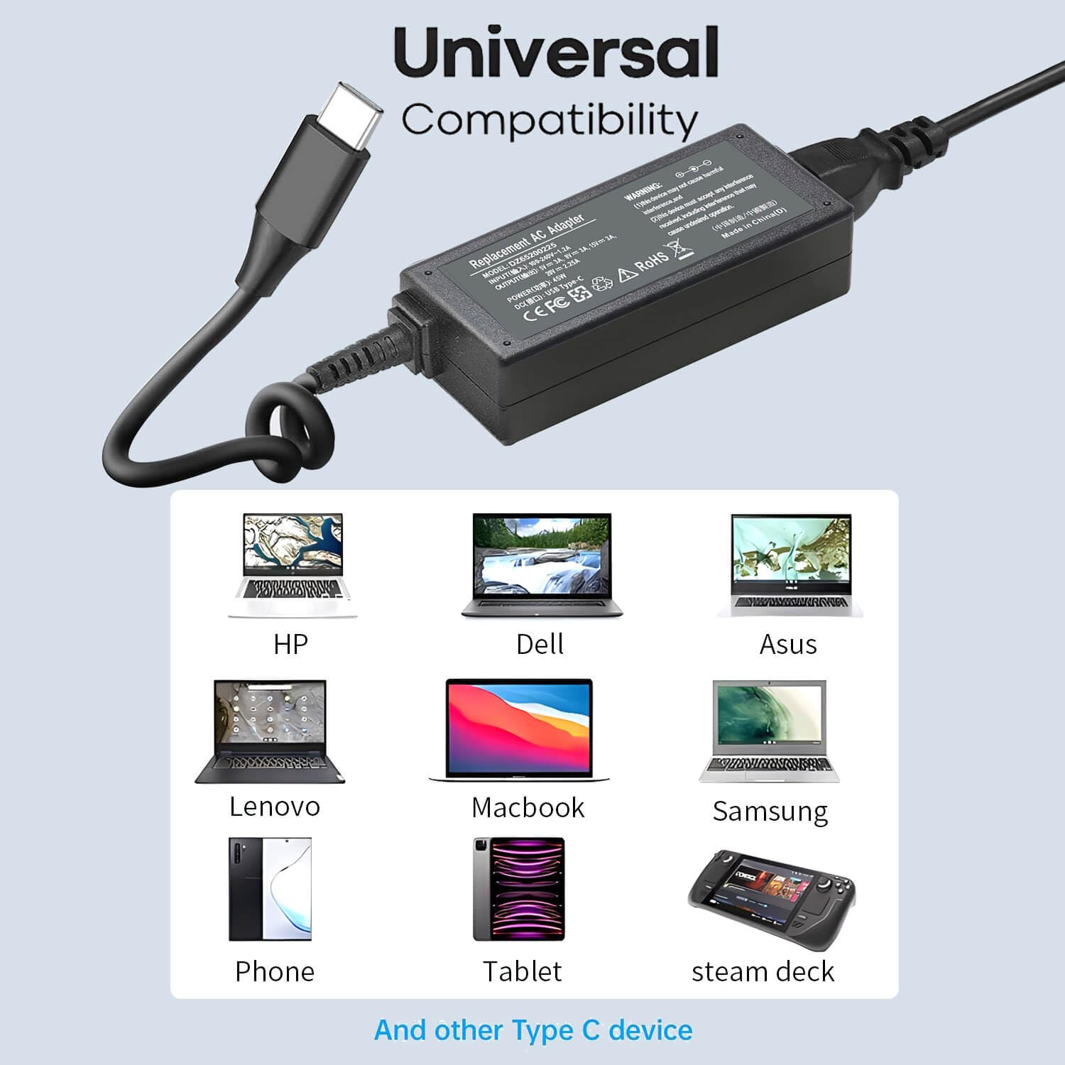 DMKAOLLK 45W USB-C Chromebook Charger - Compatible with HP Chromebook X360, Google, ASUS - Type C Power Supply Adapter