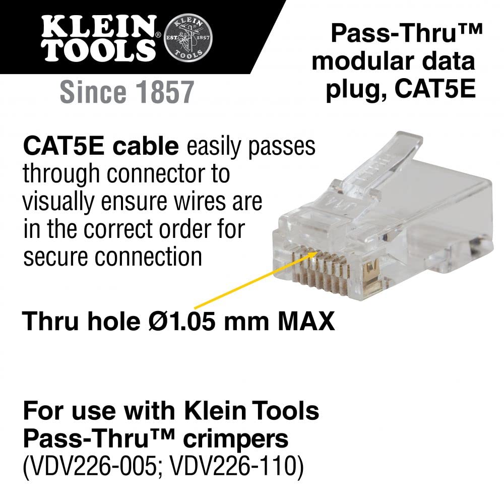 Klein Tools Vdv826 762 Pass Thru Modular Data Plug, Rj45 Cat5E, Gold Plated, Pass Through Connectors 200 Pack