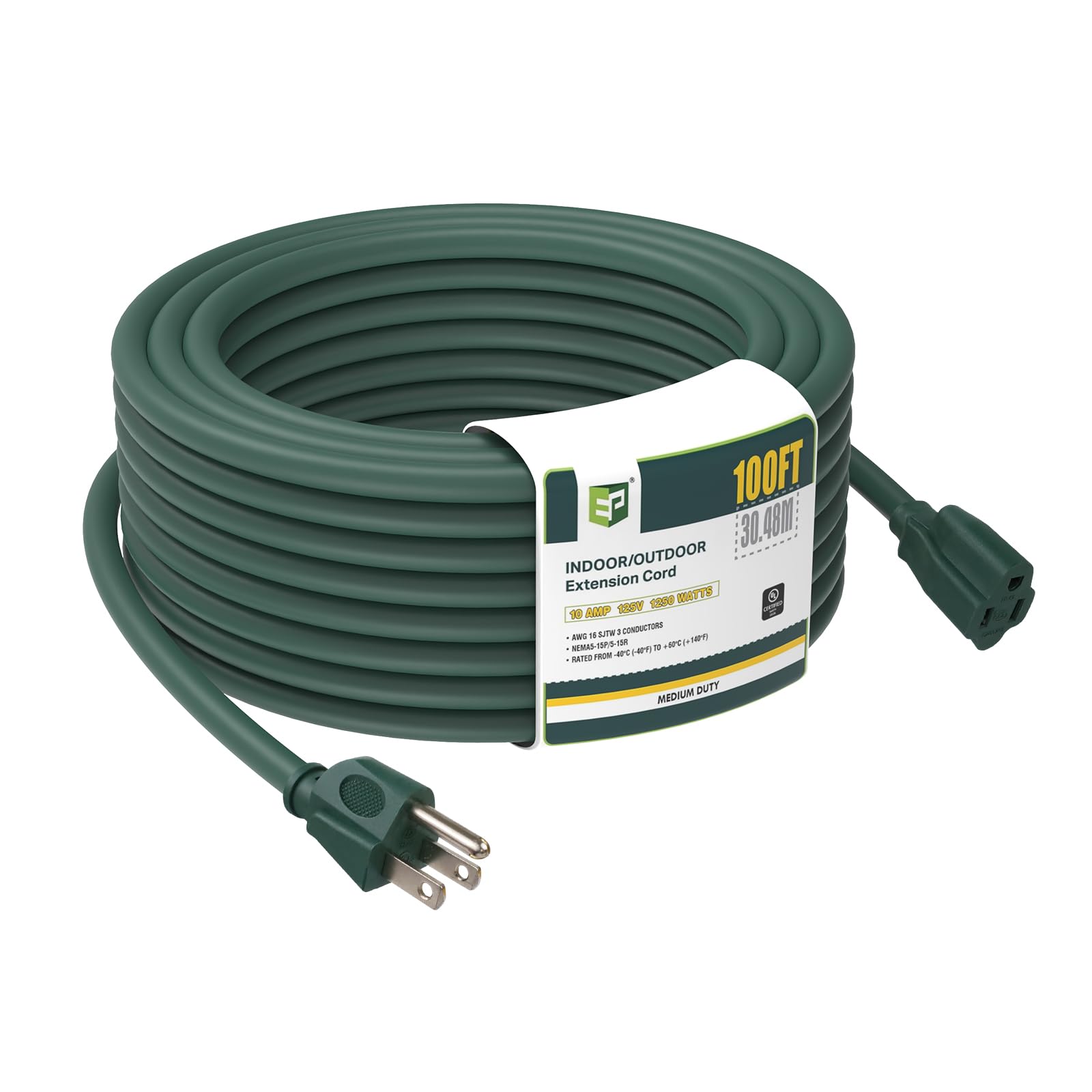 Ep 100Ft Green Outdoor Extension Cord, 16/3 Sjtw Heavy Duty Waterproof, 3 Prong Grounded Plug, 13A 1625W 16Awg, Cold Resistant F
