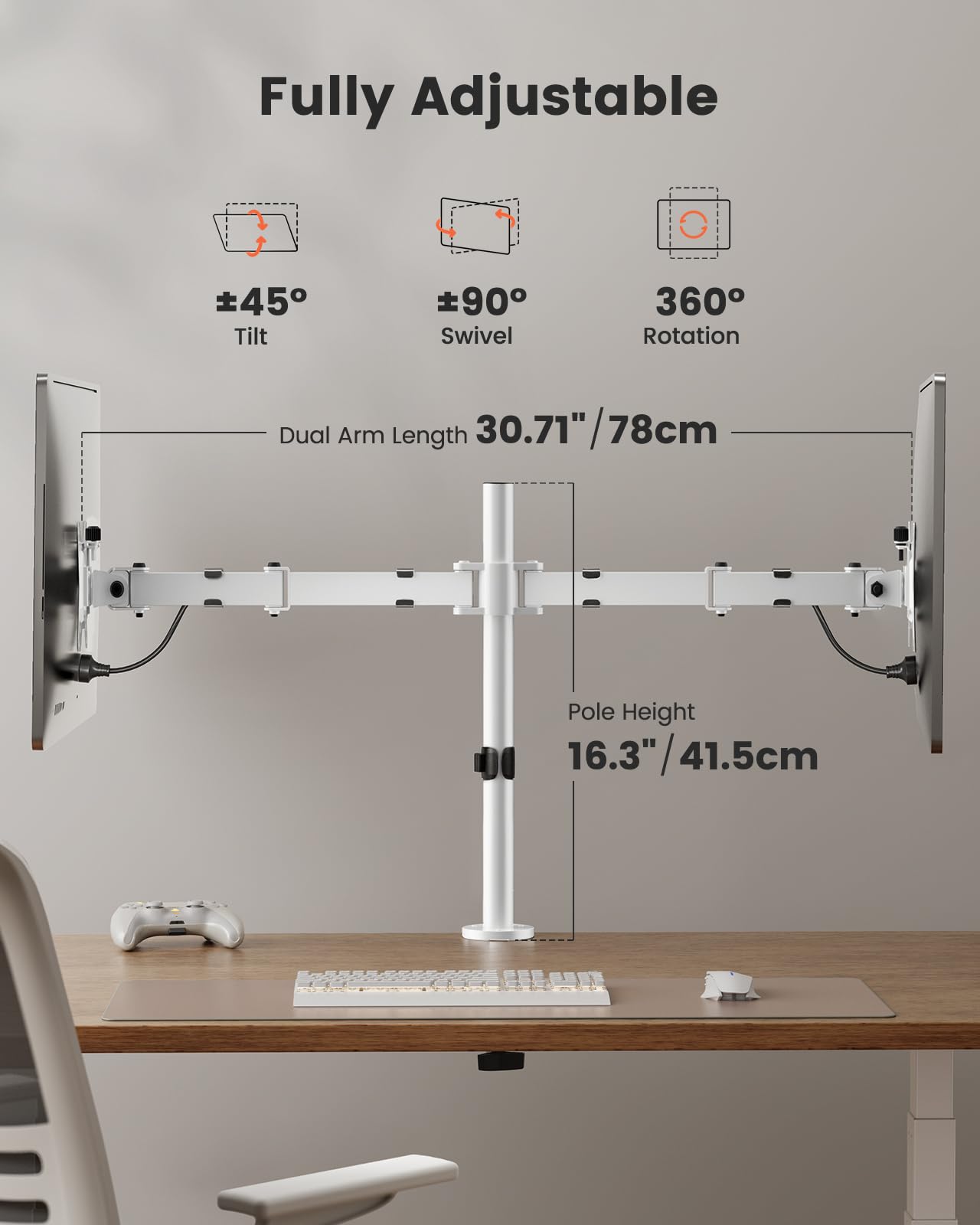 Ergear Dual Monitor Mount For Desk, Fully Adjustable Dual Monitor Arm Fits 2 Computer Screens Up To 32 Inch, White Monitor Arm D