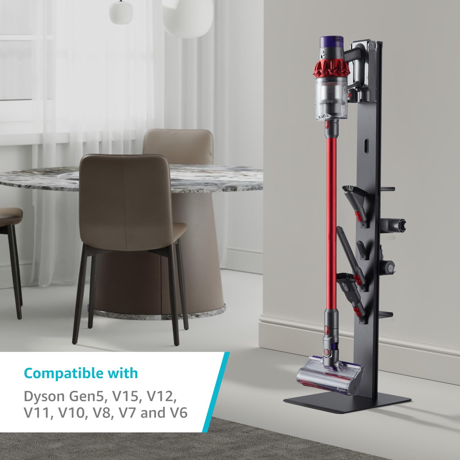 PEGZONE Vacuum Cleaner Stand - Metal Storage Bracket with 4 Hooks & Shelves, Compatible with Dyson V6-V15, Black, Model HW1029BK