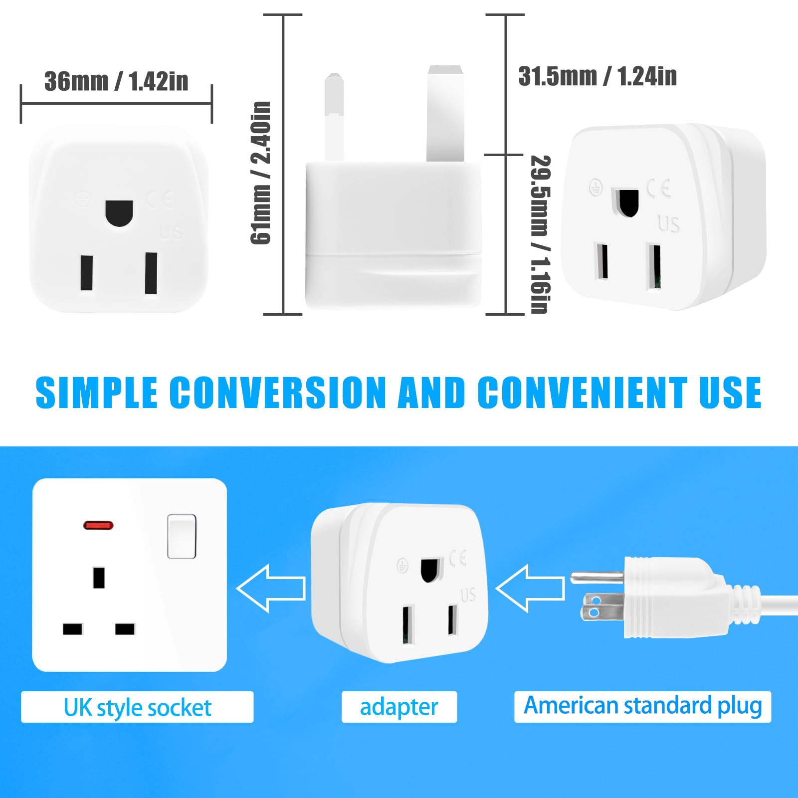 Us To Uk Plug Adapter, Ofoaeea 2 Pack Type G Travel Adaptor, Uk Travel Plug Adapter, Uk Power Adapter, Ireland Plug Adapter, For