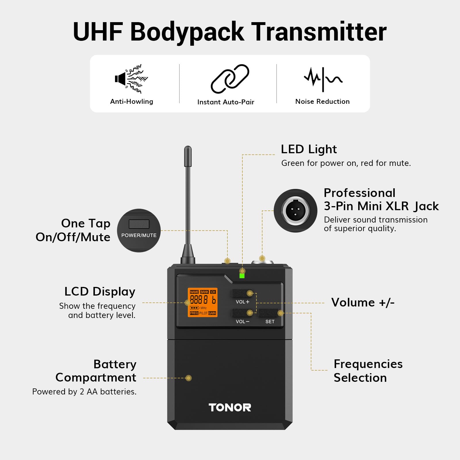 Tonor Uhf Wireless Microphone System With Headset Mic/Lavalier Lapel Mic, Bodypack Transmitter, Rechargeable Receiver, 15 Channe