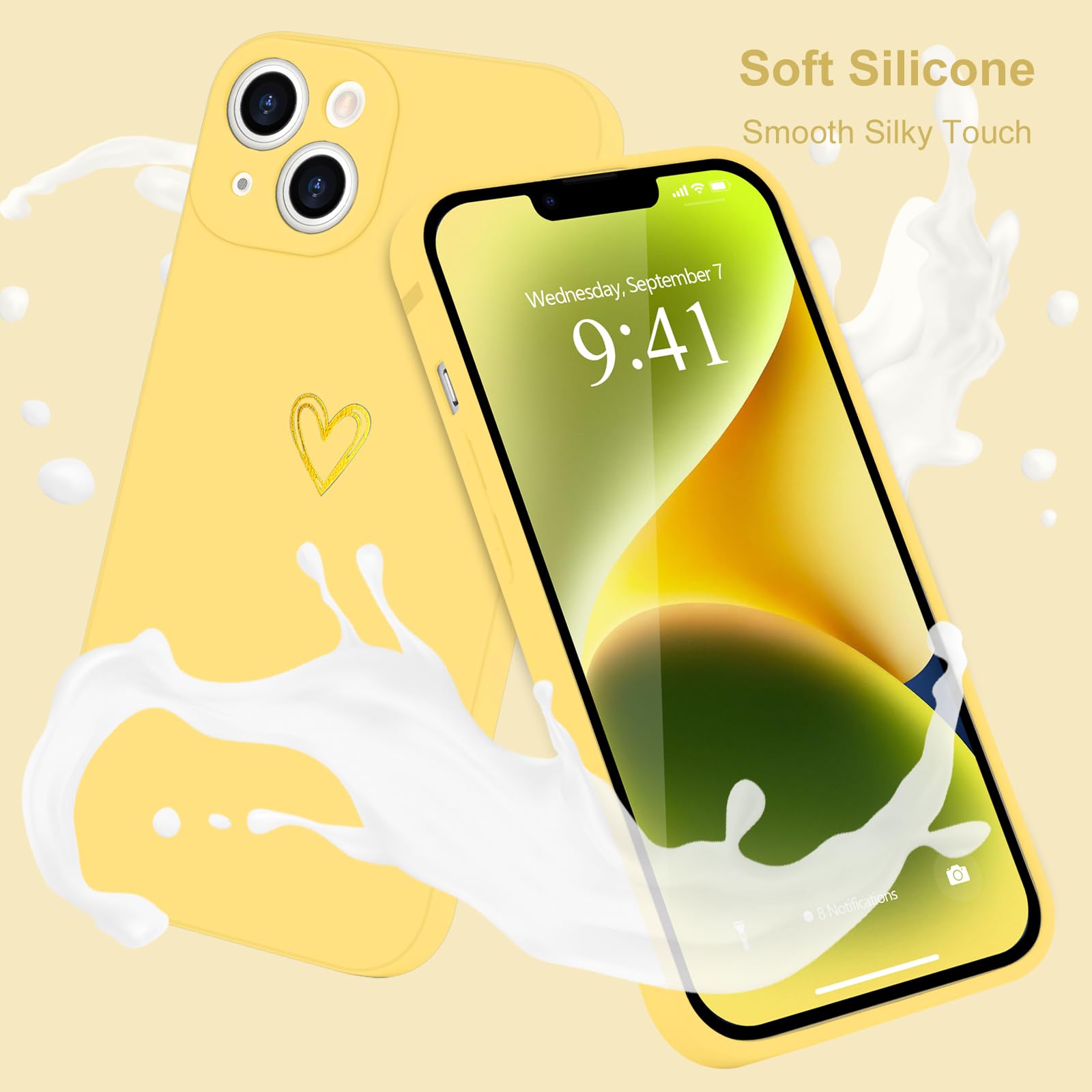 Wirvyuer For Iphone 14 Case Cute Heart Pattern Soft Shockproof Slim Protective Silicone Phone Case Cover For Women Girls, Yellow