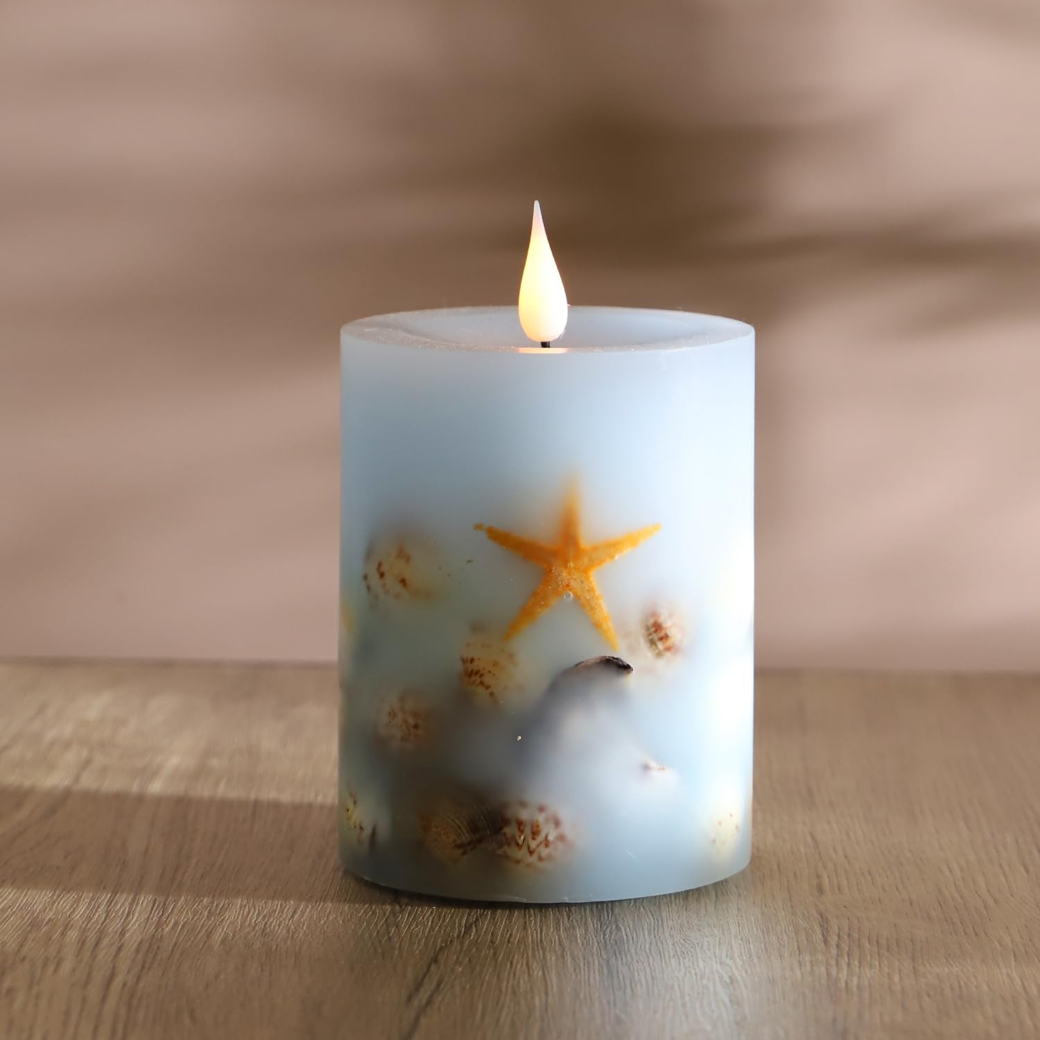 MIYA LIFE Ocean Seashell LED Flameless Candle - 3.5    4.5 Real Wax with Natural Seashell & Starfish Beach Decor Battery Pow