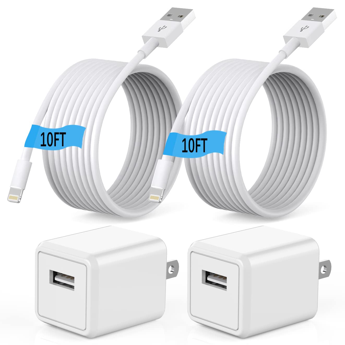 (Apple Mfi Certified) Iphone Charger 10Ft,2Pack 10Foot Long Fast Charging Lightning Cord Cable 2Pack Usb Wall Charger Travel Plug Adapter Box For Iphone 14/13/12 Mini/11 Pro Max/10/Xs/Xr/X/8/7/Se,Ipad