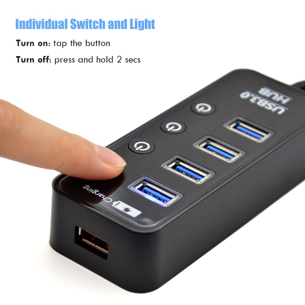 Usb Hub 3.0 Powered, Lyfnlove Usb Extender 4 Port Data Usb Hub With Power Adapter And 1 Smart Charging Port, Usb Splitter With On/Off Switches For Macbook, Mac Pro/Mini, Imac, Surface Pro Laptop/Pc