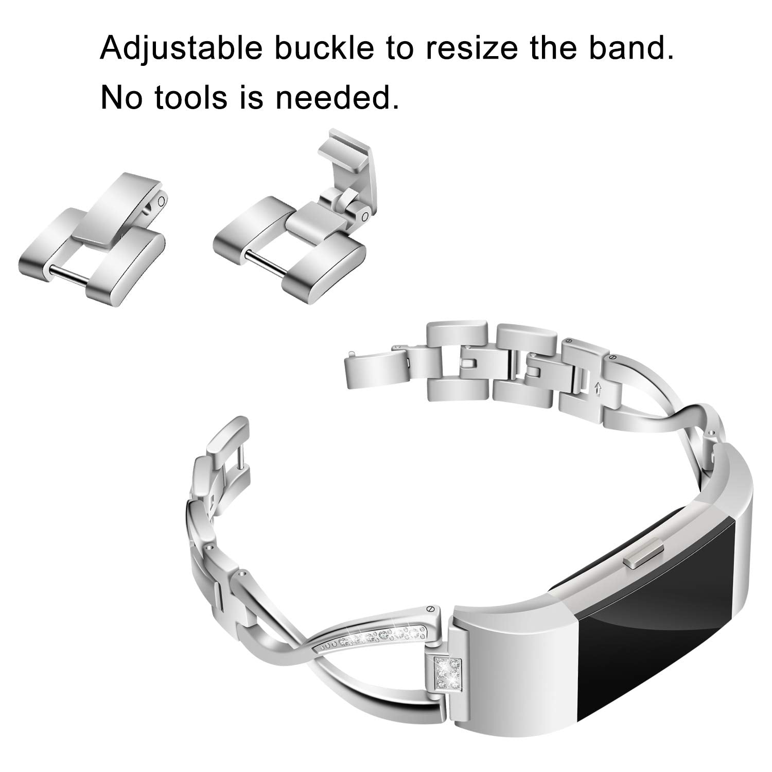 Mtozon Bands Compatible With Fitbit Charge 2, Slim Bling Metal Bands With Rhinestone Replacement Bracelet Women, Silver