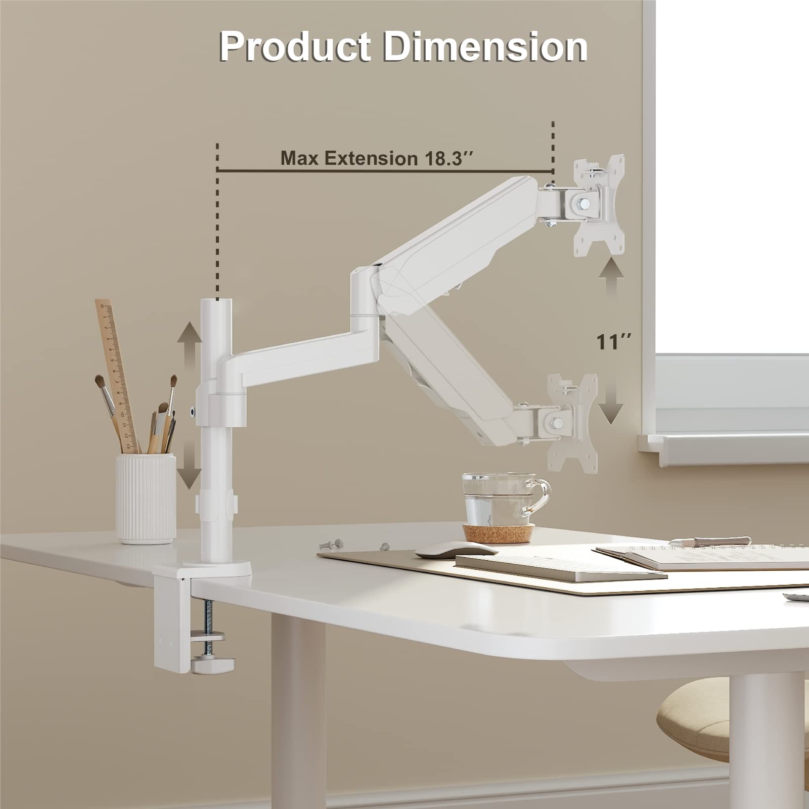 WALI Single Monitor Mount, Adjustable Gas Spring Arm Desk Mount for Screen up to 32 inch, 17.6lbs Weight Capacity, Mounting Pattern 75 x 75mm or 100 x 100mm (GSDM001W), White