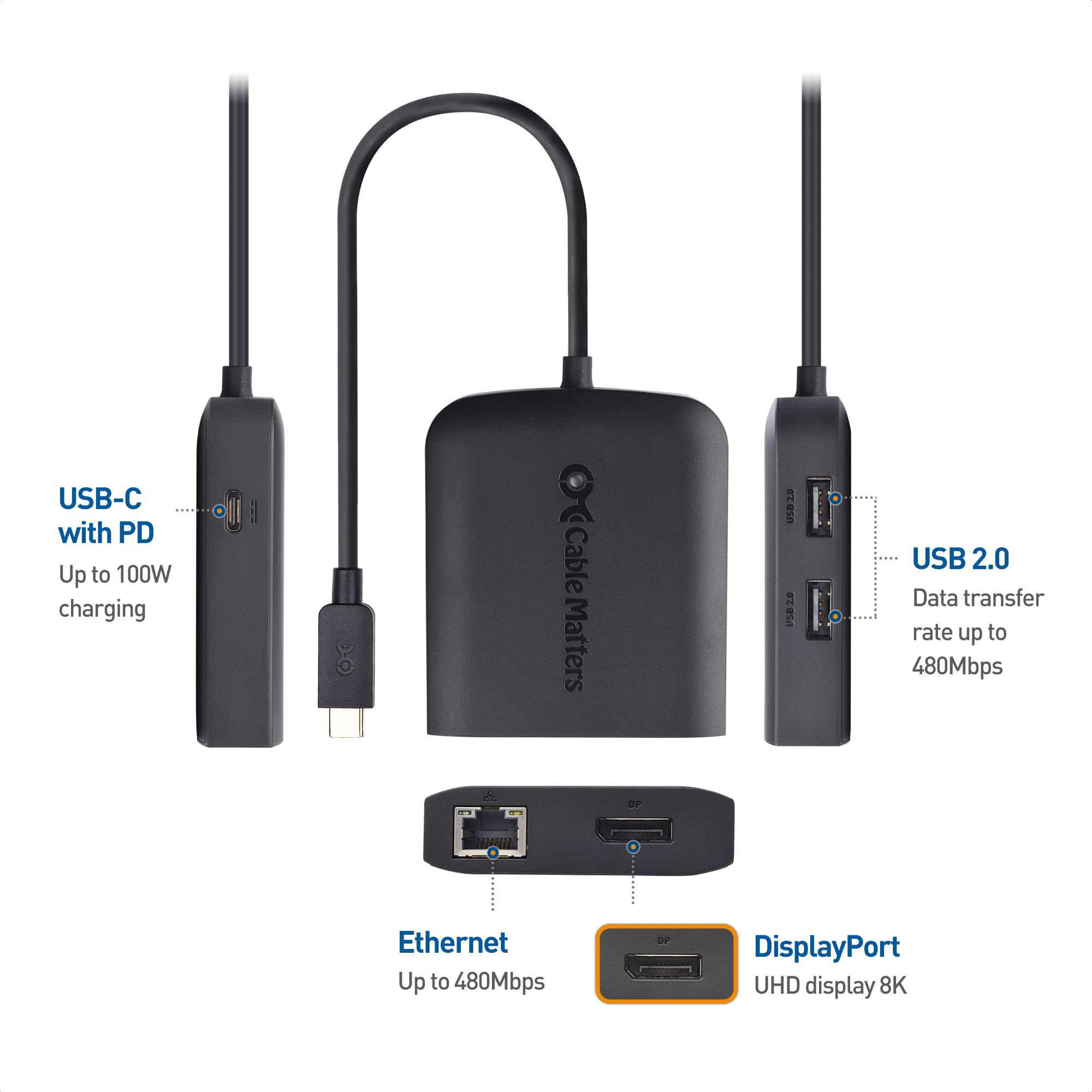 Cable Matters USB C Hub DisplayPort 100W, 4K@240Hz, 2x USB, Ethernet, Black - Thunderbolt 4/3 Compatible for MacBook Pro