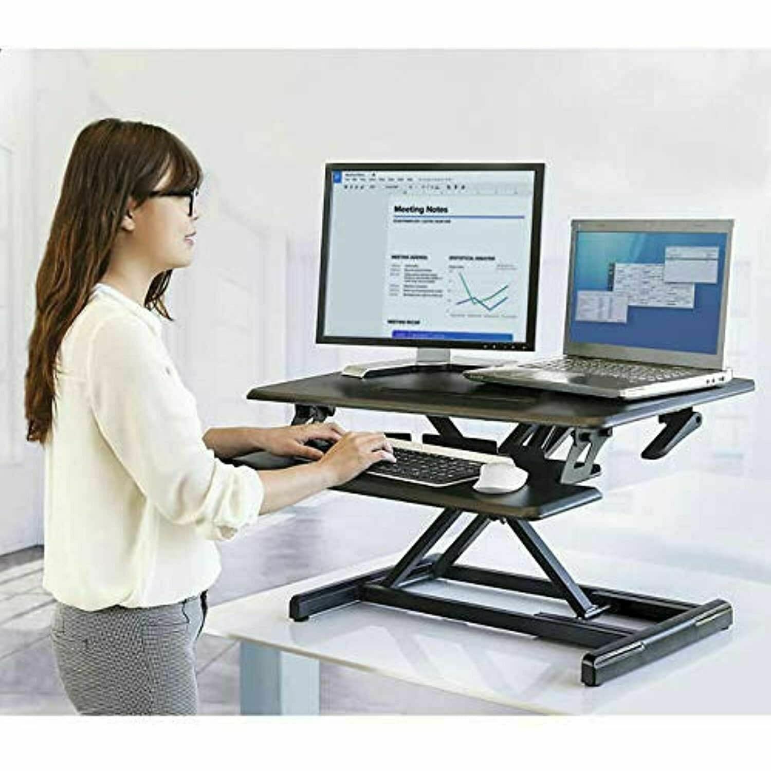Seville Classics Airlift Height Adjustable Sit Desk Converter Workstation Standing Ergonomic Dual Monitor Riser with Keyboard Tr