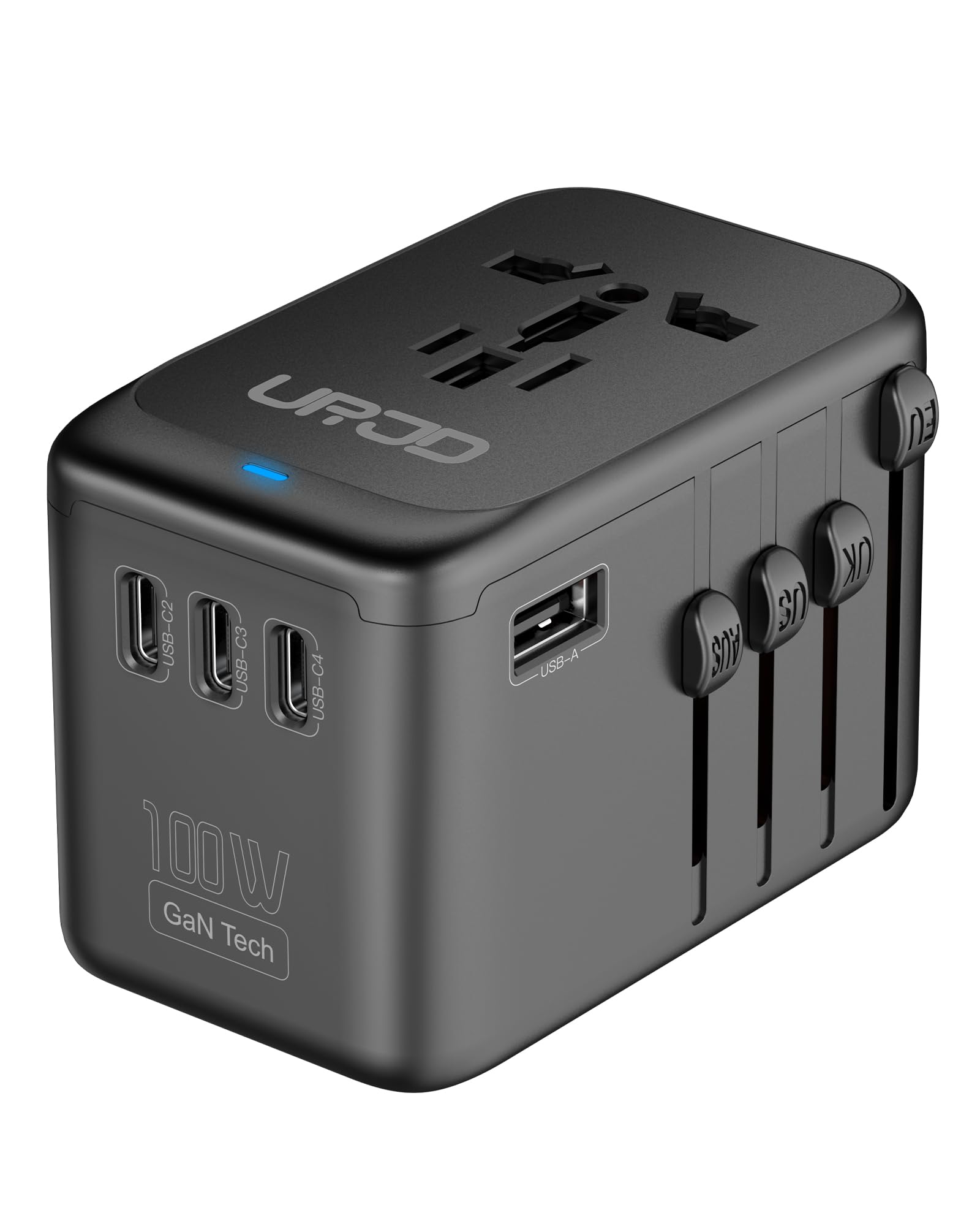 Urjd Universal Travel Adapter 100W Gan Fast Charger In One, 4 Usb C & 1 Usb A & Ac Outlet, International Power Adapter Plug Conv