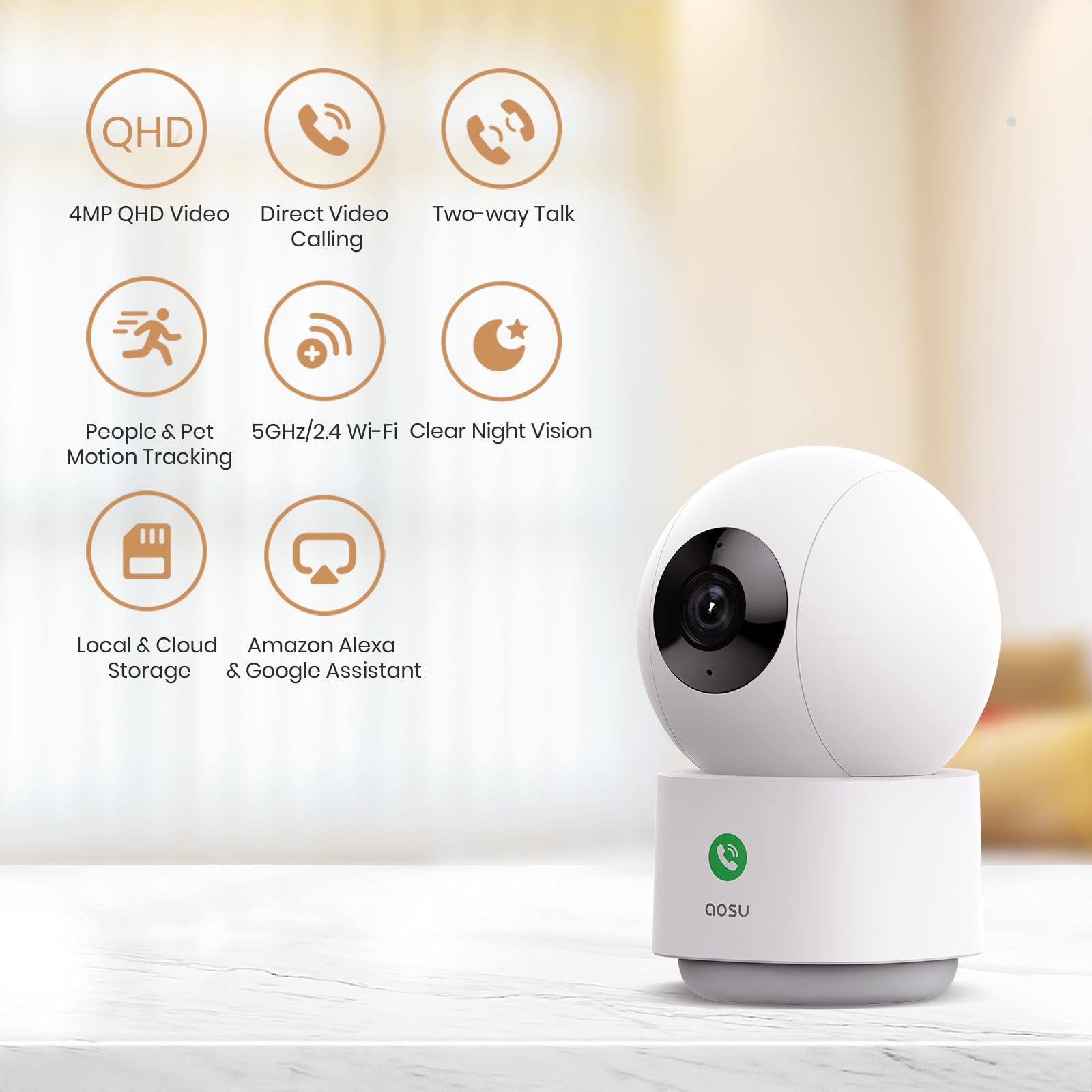 Aosu 4Mp Security Camera Indoor   2.5K Baby Monitor Pet Camera 360 For Home Security, Wifi Camera With 5/2.4 Ghz Wi Fi Router, O