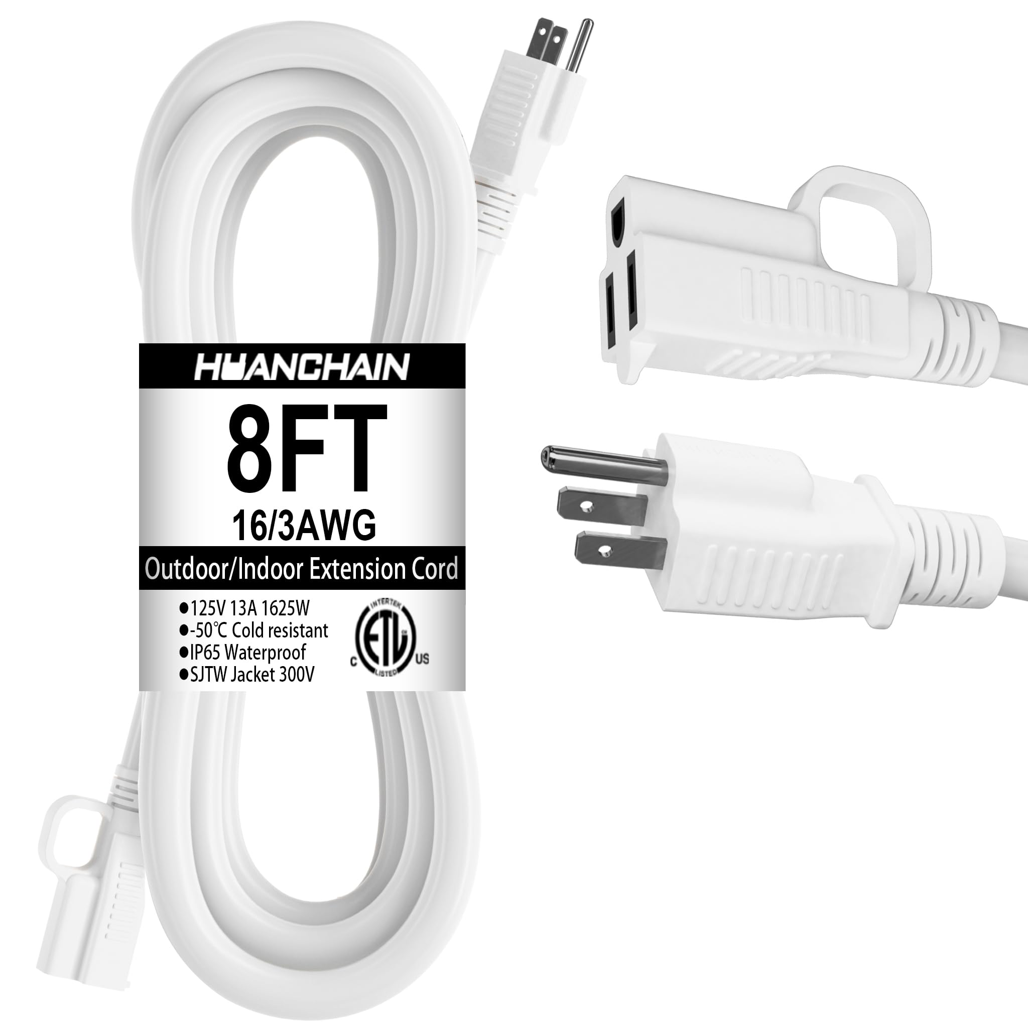 Huanchain Indoor Outdoor White Extension Cord 8 Ft Waterproof, 16/3 Gauge Flexible Cold Resistant Appliance Extension Cord Outsi