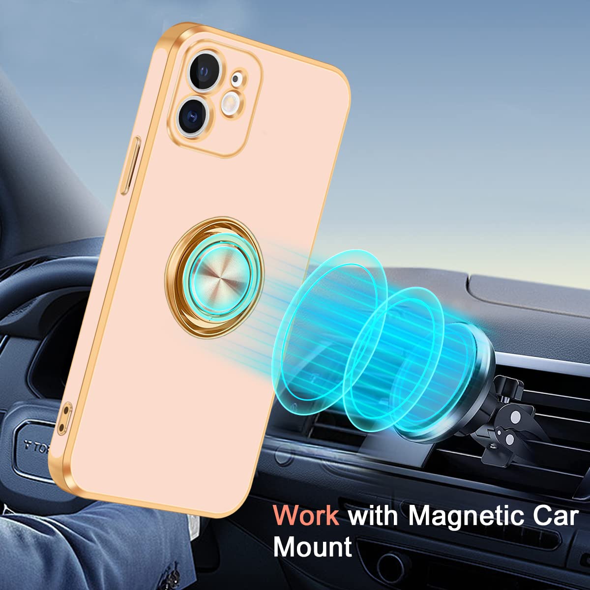 Fingic For Iphone 12 Case,For Iphone 12 Case With 360 Ring Holder Phone Case For Women Girls Slim Kickstand Magnetic Support Car
