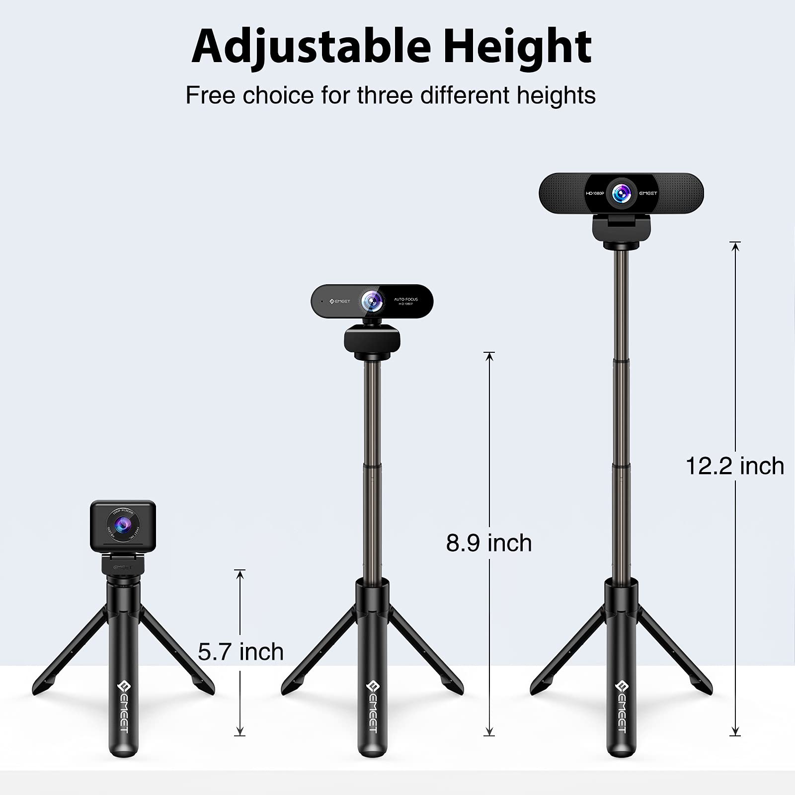 Webcam Tripod, Emeet Professional Webcam Mini Tripod, Adjustable Heights With 360� Swivel Head, Portable&Lightweight, Stable Use, Universal Compatible For Most Webcams/Phones/Gopros/Mirrorless Cameras