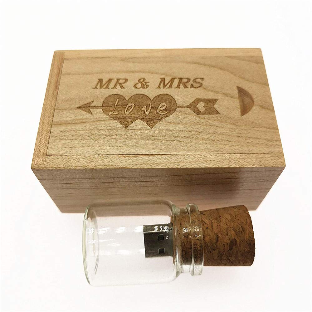 Lxsino 32Gb Usb 3.0 Flash Drive Glass Drift Bottle With Mr & Mrs Print Wood Box Usb Stick Pendrive For Wedding, Friends,Family