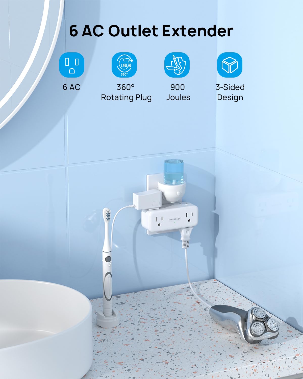 Trond Outlet Extender Surge Protector   6 Ac Outlet Splitter With Rotating Plug 360, 900J Multi Plug Expander, 3 Way Multiplug A