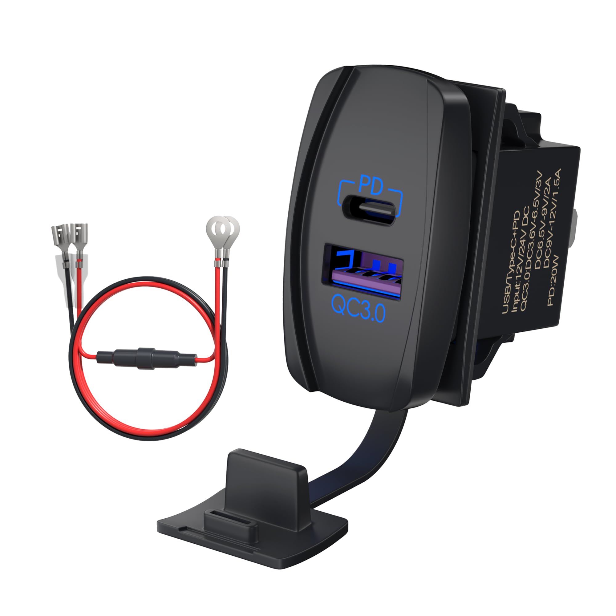 DAIERTEK USB Rocker Switch 12V Waterproof USB C & QC 3.0 Dual Ports Outlet PD Charger Socket for Car, UTV, RZR, RV, Truck, Marin