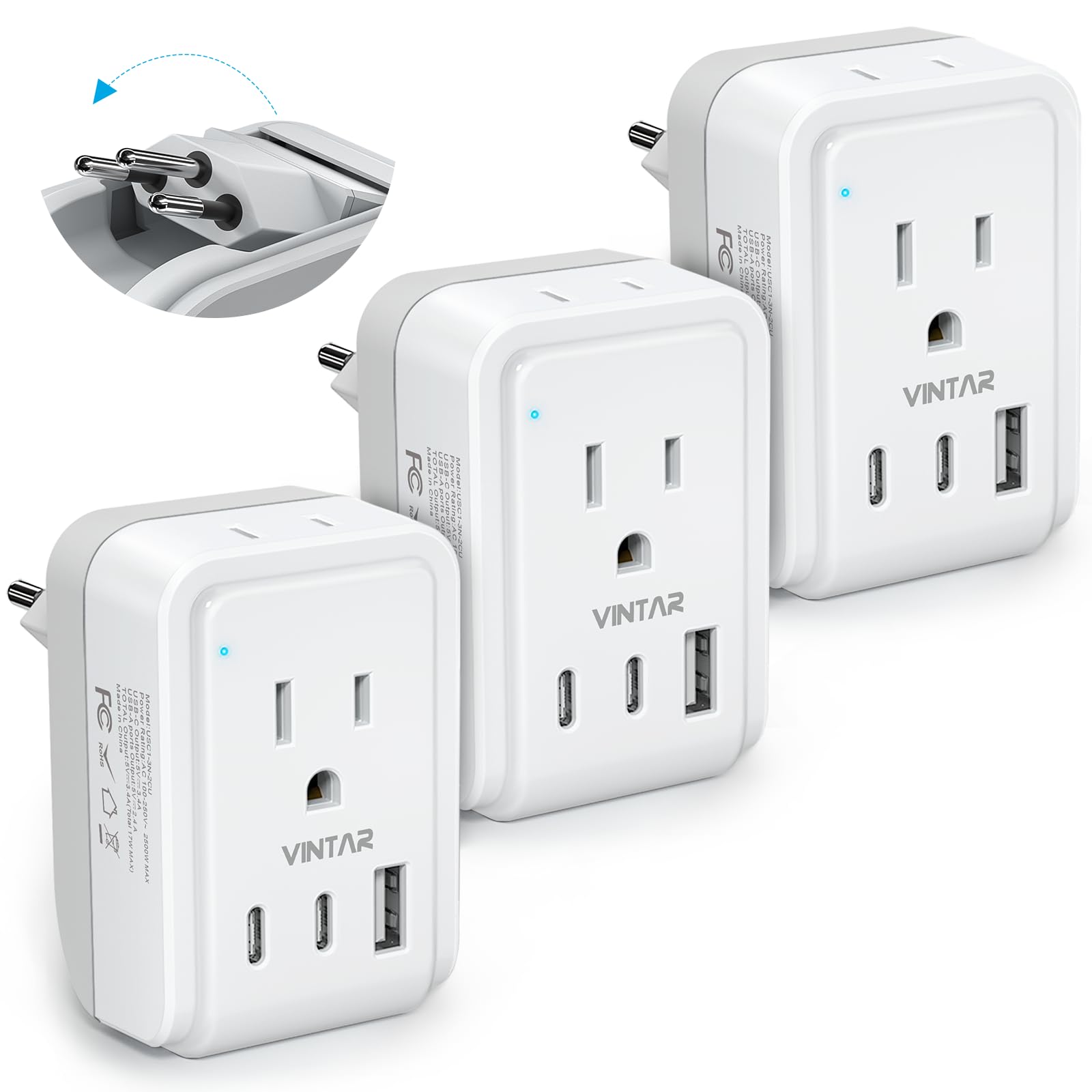 [3 Pack] Brazil Power Adapter Travel Plug, Vintar Foldable Type N Plug Adapter Brazil With 2 Ac Outlets 3 Usb Ports(2 Usb C), Br