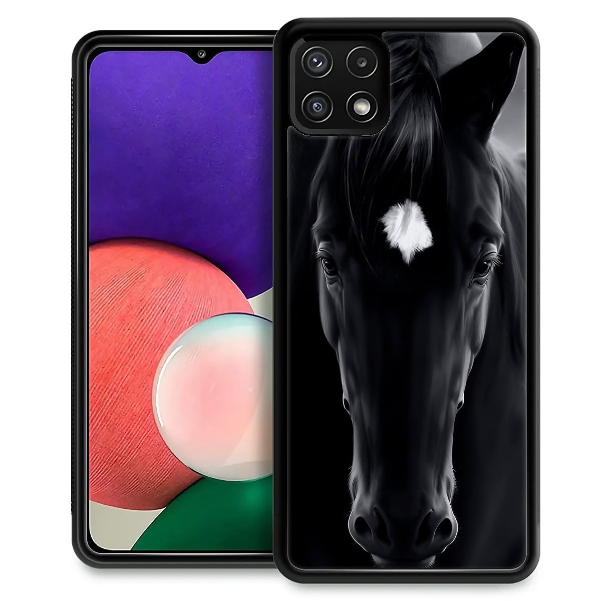 Fkbrcl4U For Samsung Galaxy A22 5G Case, Cool Black Horse Face Pattern Graphic Design Girl Boy Soft Silicone Hard Acrylic Shock 
