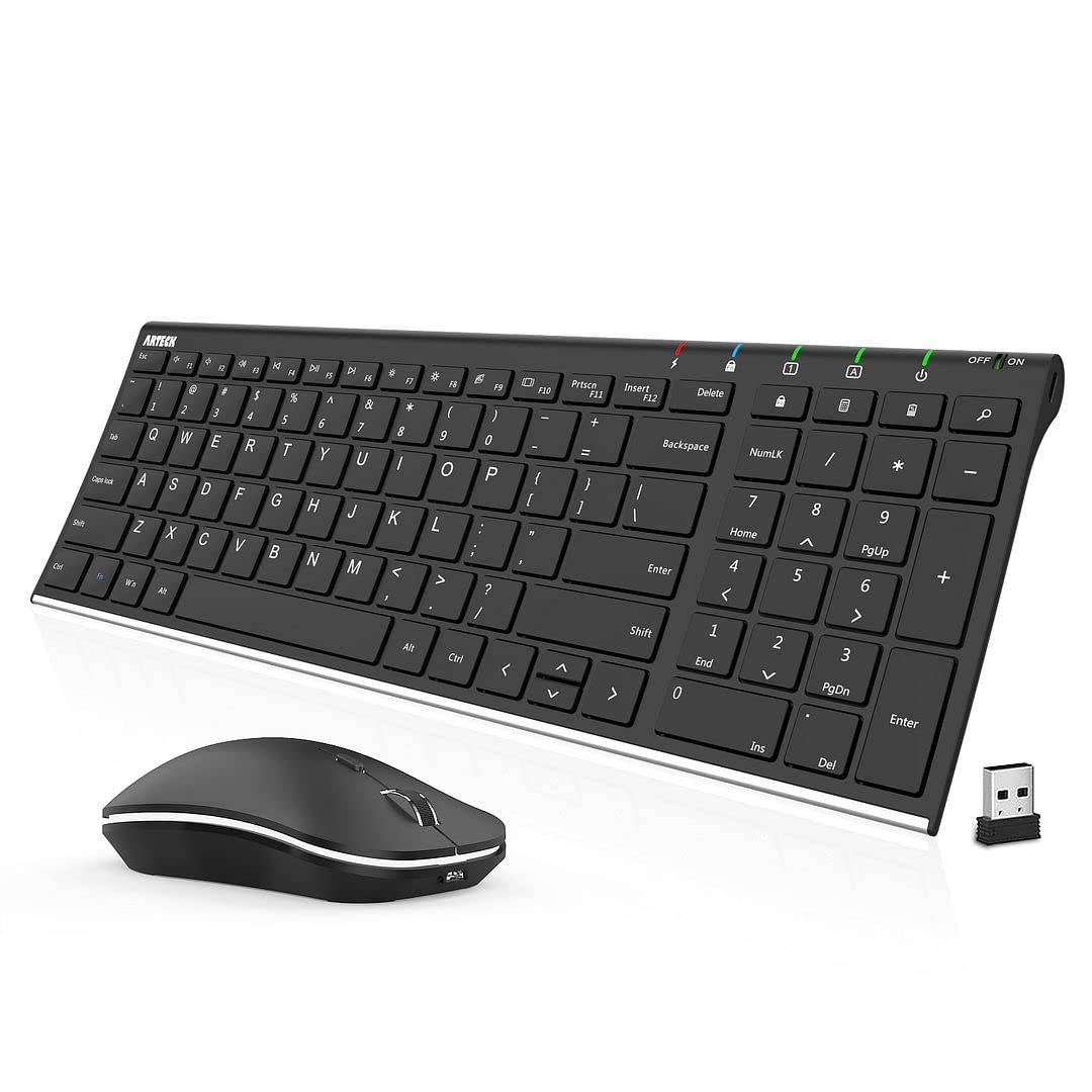 Arteck 2.4G Wireless Keyboard and Mouse Combo HW193MW162 Stainless Ultra Slim Full Size Keyboard and Ergonomic Mouse for Compute
