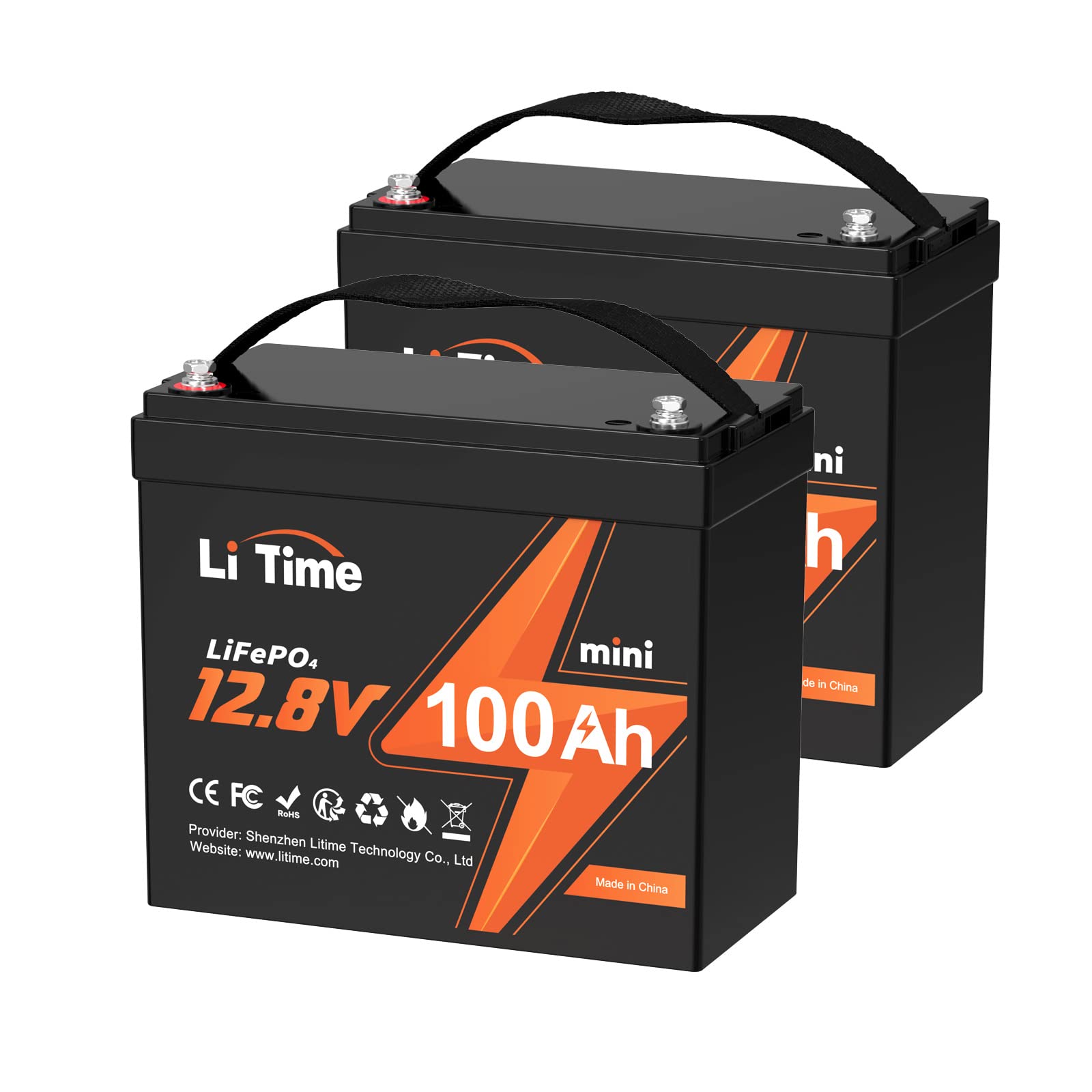 Litime 2 Pack 12V 100Ah Mini LiFePO4 Battery, 4000~15000 Deep Cycles Lithium Battery with Upgraded 100A BMS, 10-Year Lifespan, M