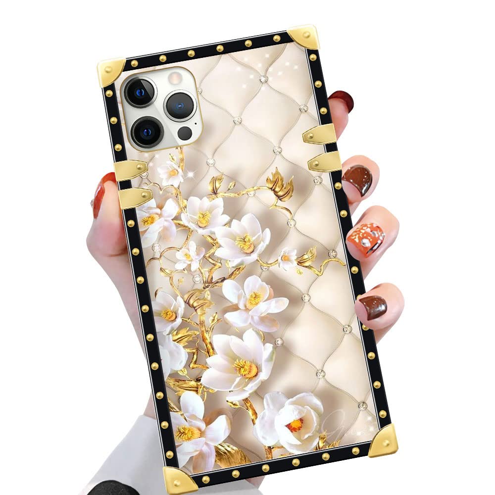 Yuning419 Iphone 12 Mini Case, A White Flower Iphone 12 Mini Cases For Girls Womens, Luxury Golden Decoration Square Soft Tpu Sh