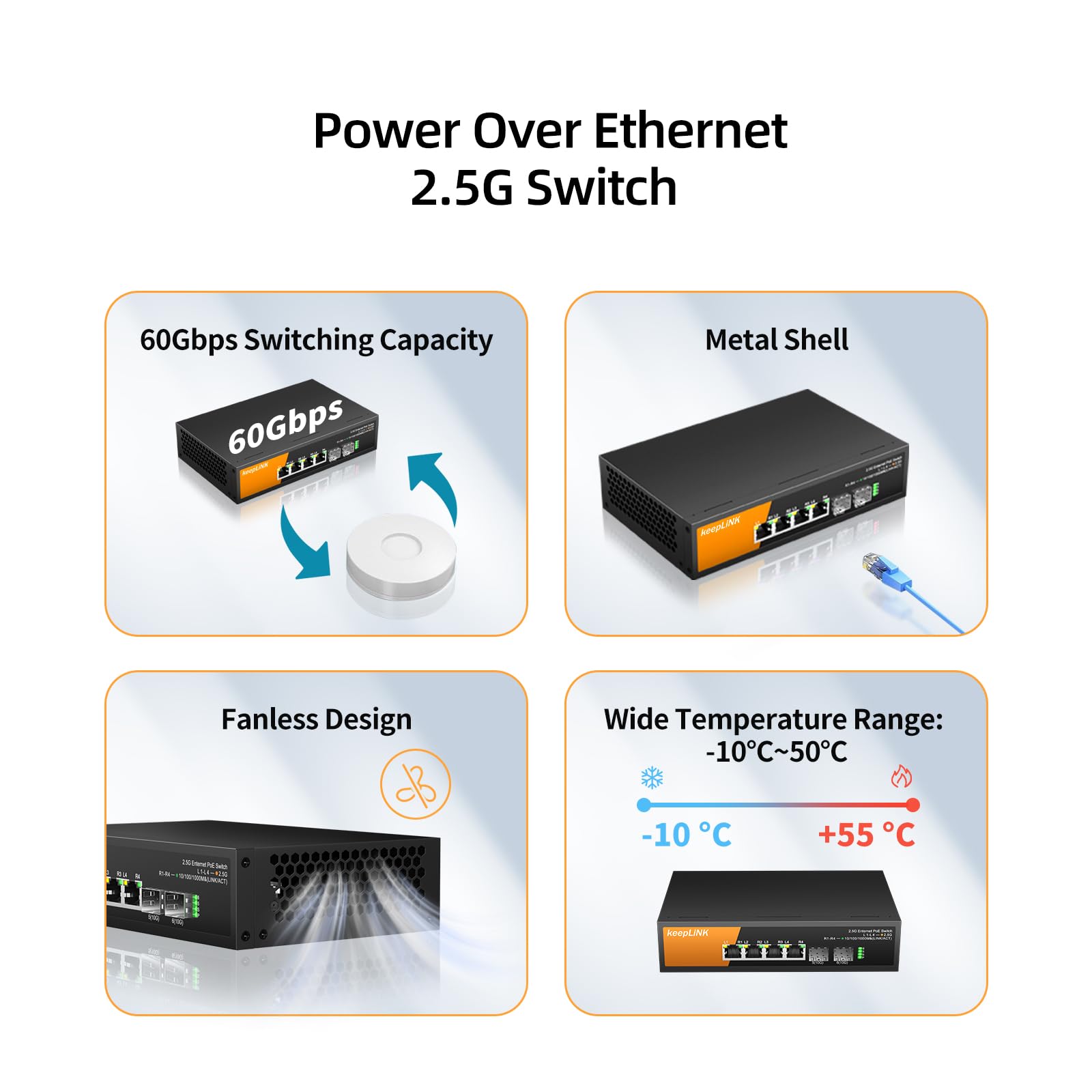 Keeplink 6 Port 2.5G Poe Switch Unmanaged, 4 X 2.5G Base T Poe Ports @72W, 2 X 10G Sfp, Ieee802.3Af/At, Metal Housing Fanless De