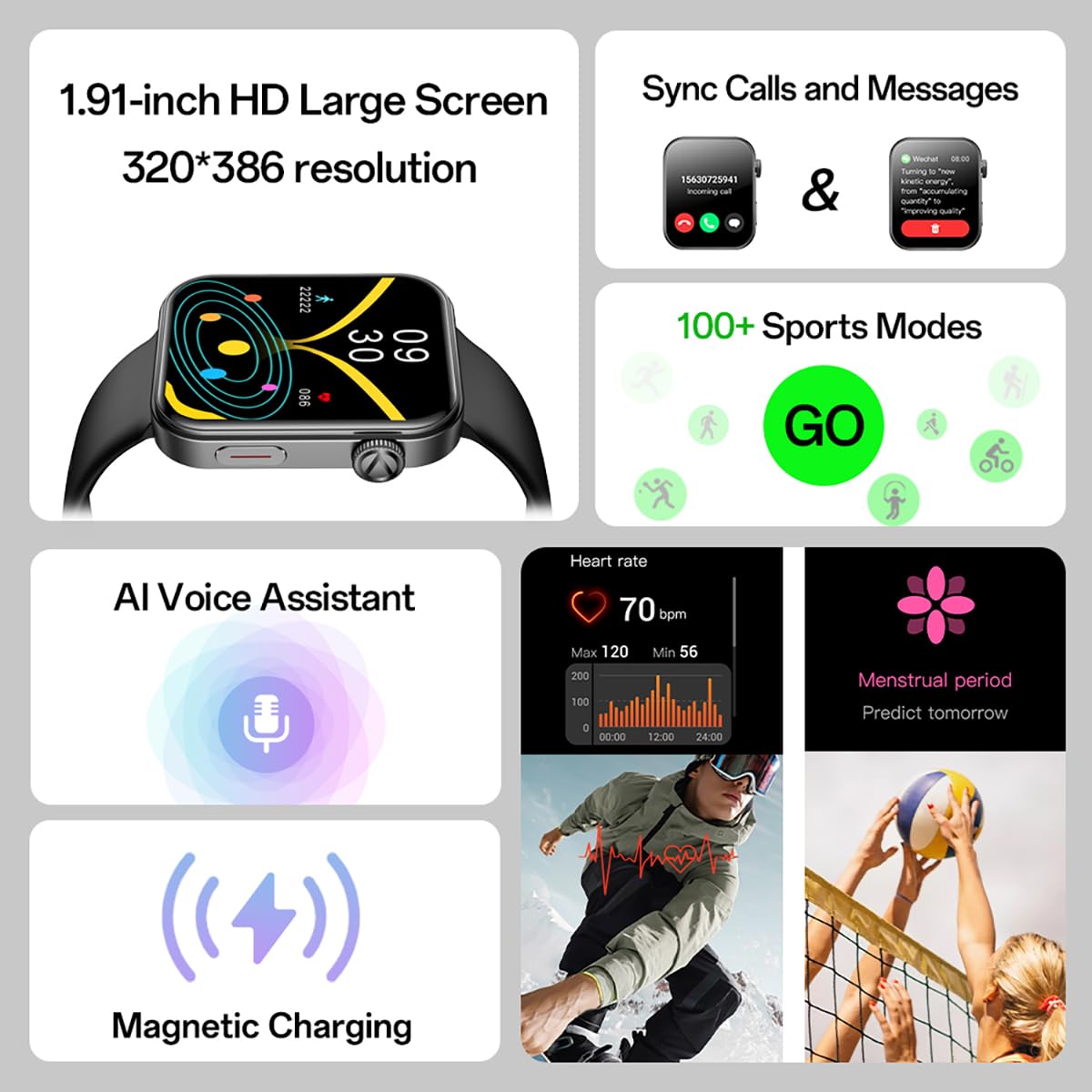 Aolon Upgraded Foom S4 1.91 Inch High Definition Large Screen Smart Watch (Silver)